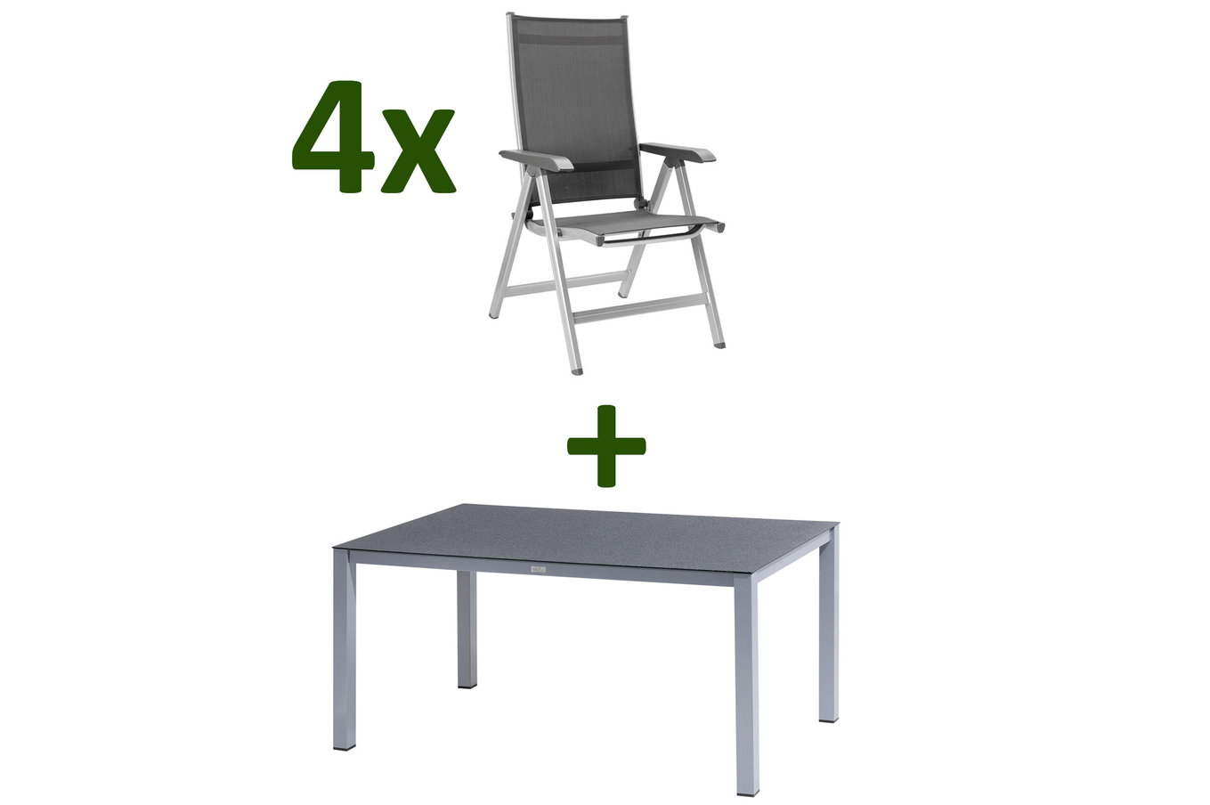 KETTLER BasicPlus Set da pranzo da giardino, argento/antracite, Alu/Spraystone/Textil, 160 x 95 cm, 4 sedie pieghevoli 28316__1