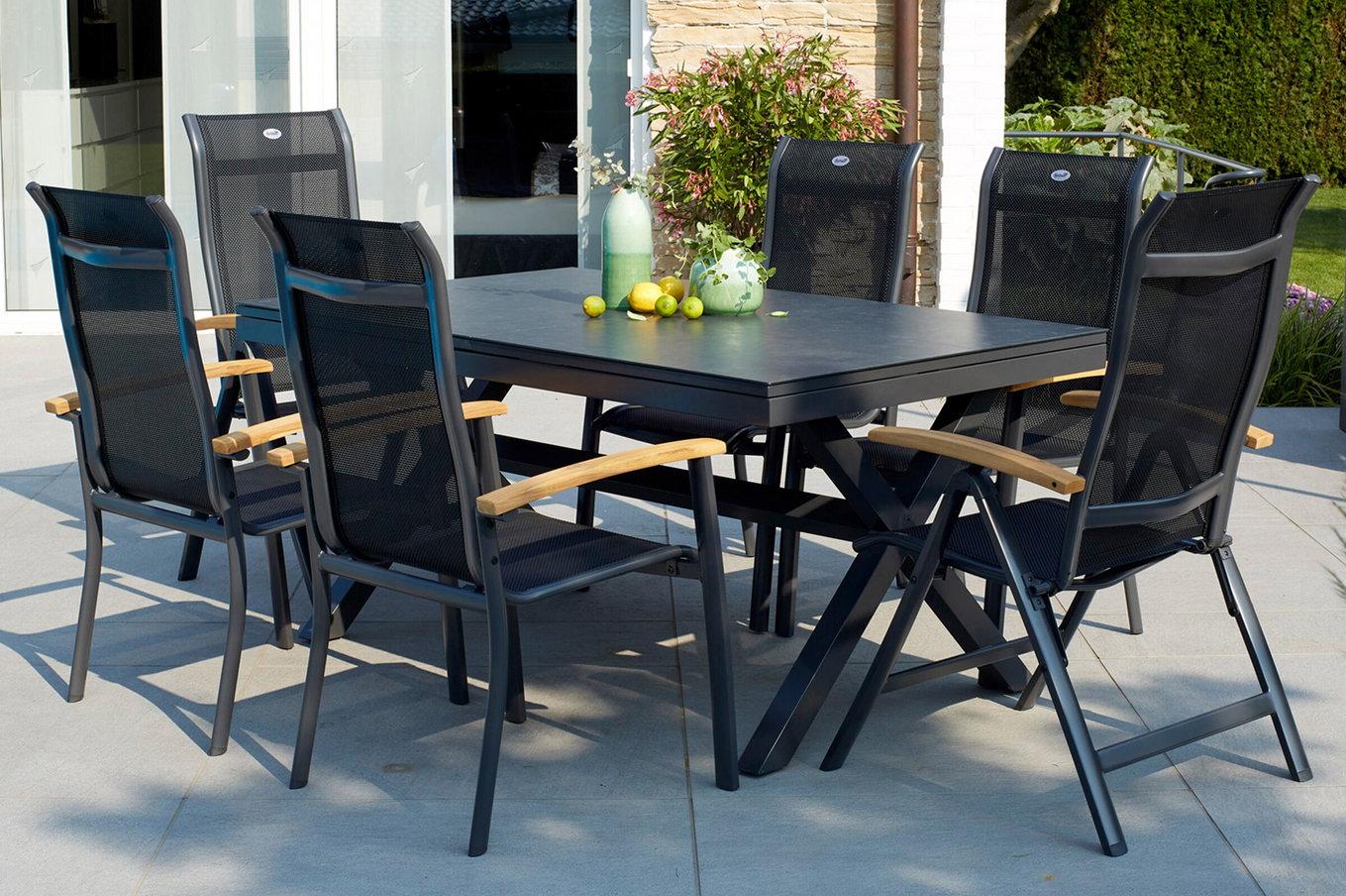 HARTMAN Xanadu / Alice Gruppo da pranzo da giardino, xerix/natur, Alu/Teak/Vetroceramica, 4x4 Textilen, 4 Poltroncine Dining, 2 Sedie pieghevoli, 160/220x100cm, Braccioli in Teak 23250__1