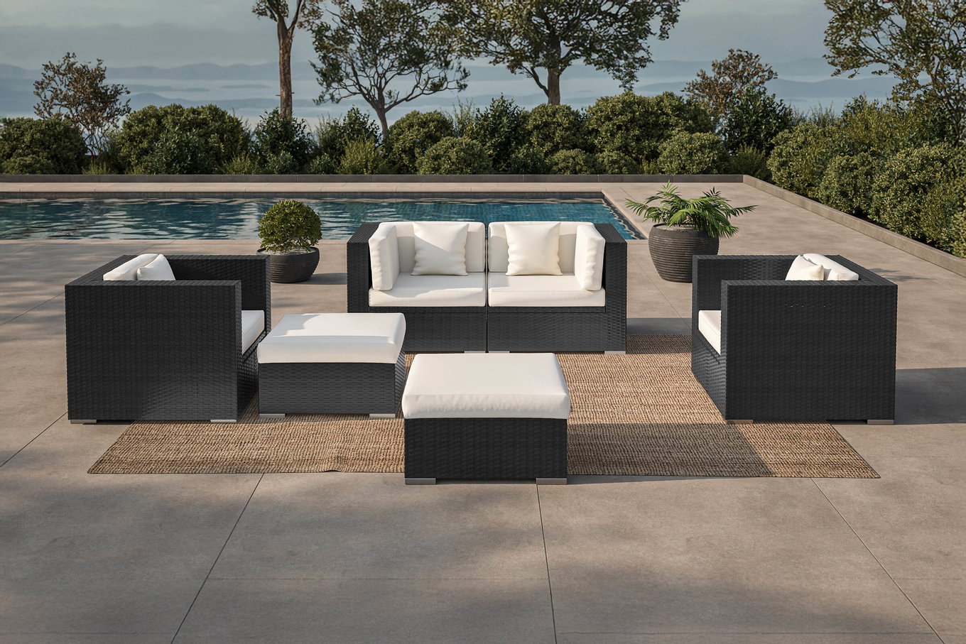 OUTFLEXX Salotto da giardino, 5 persone, crema/bianco, nero, polyrattan, incl. tavolino da caffè, contenitore impermeabile per cuscini 1299_BOX_B__1