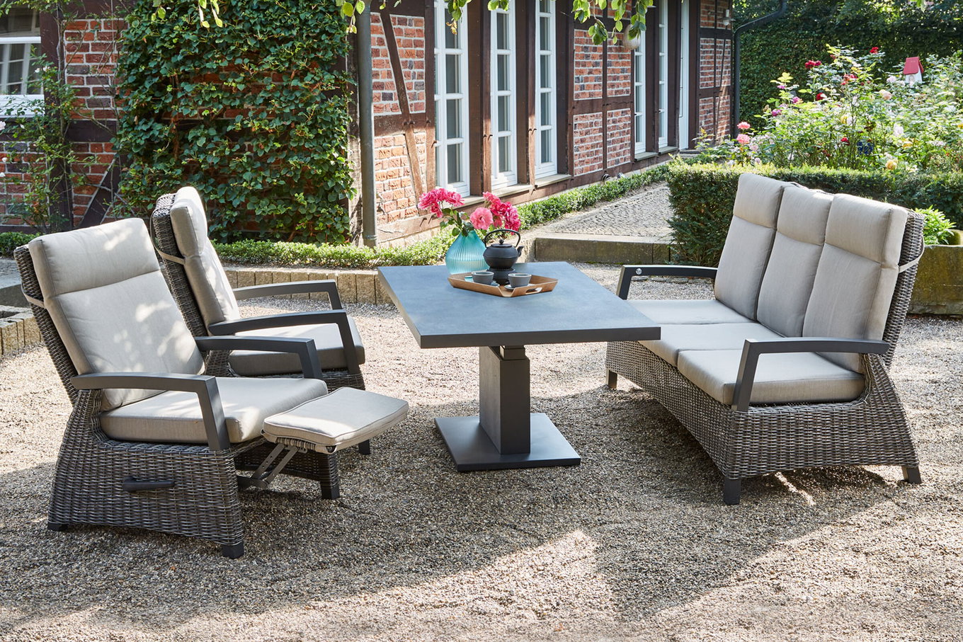 SIENA GARDEN Corido/Bellani Grau salotto da giardino, charcoal/antracite/grigio, Alu/Intreccio Gardino®, Tavolo lift 160x90cm, 1x divano 3 posti, 2x poltrone relax 22118__1