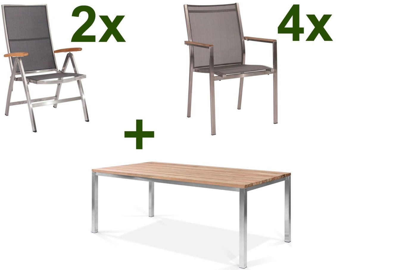 STERN Cardiff Gruppo tavolo da pranzo da giardino, argento/grigio argento, Acciaio inox/Teak, tavolo 200 x 100 cm, 4 sedie impilabili, 2 sedie pieghevoli 19776__1