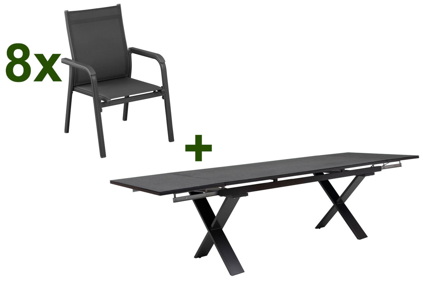 KETTLER BasicPlus Gruppo pranzo da giardino, antracite, Alu / Spraystone / Textil, tavolo 180/280x100cm, 8 poltrone impilabili 23077__1