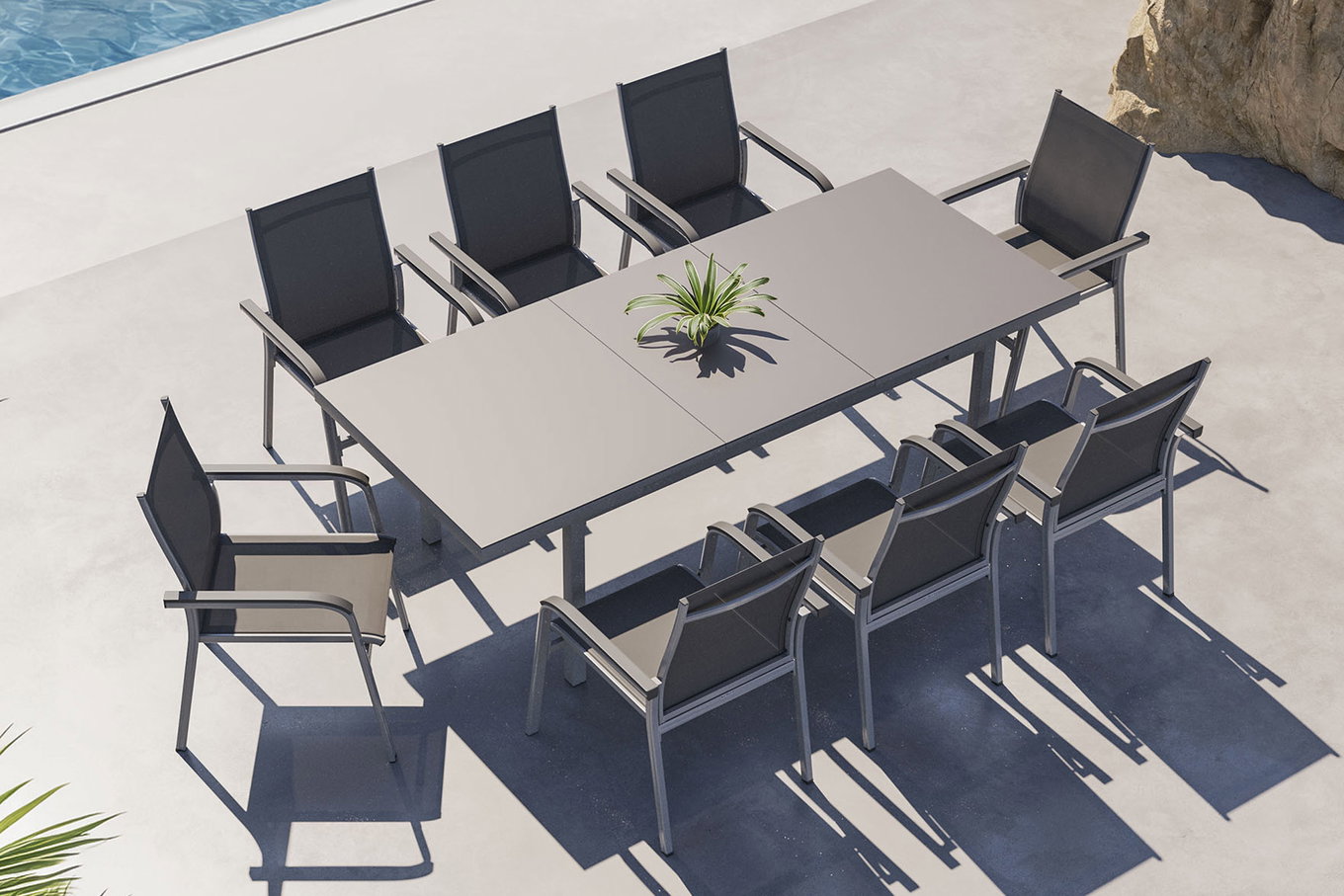 KETTLER BasicPlus Gruppo da pranzo da giardino, argento, Alu/Textilene, tavolo 180/240x100cm, 8 Poltrone impilabili 19310__1