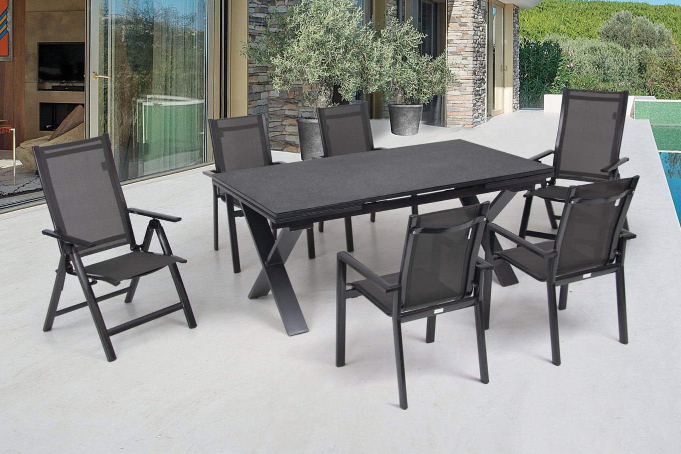 OUTFLEXX Set pranzo giardino, antracite, Alu / Ceramica / Textilene, 180/280x100cm, 2 sedie pieghevoli, 4 poltrone impilabili 22235__1