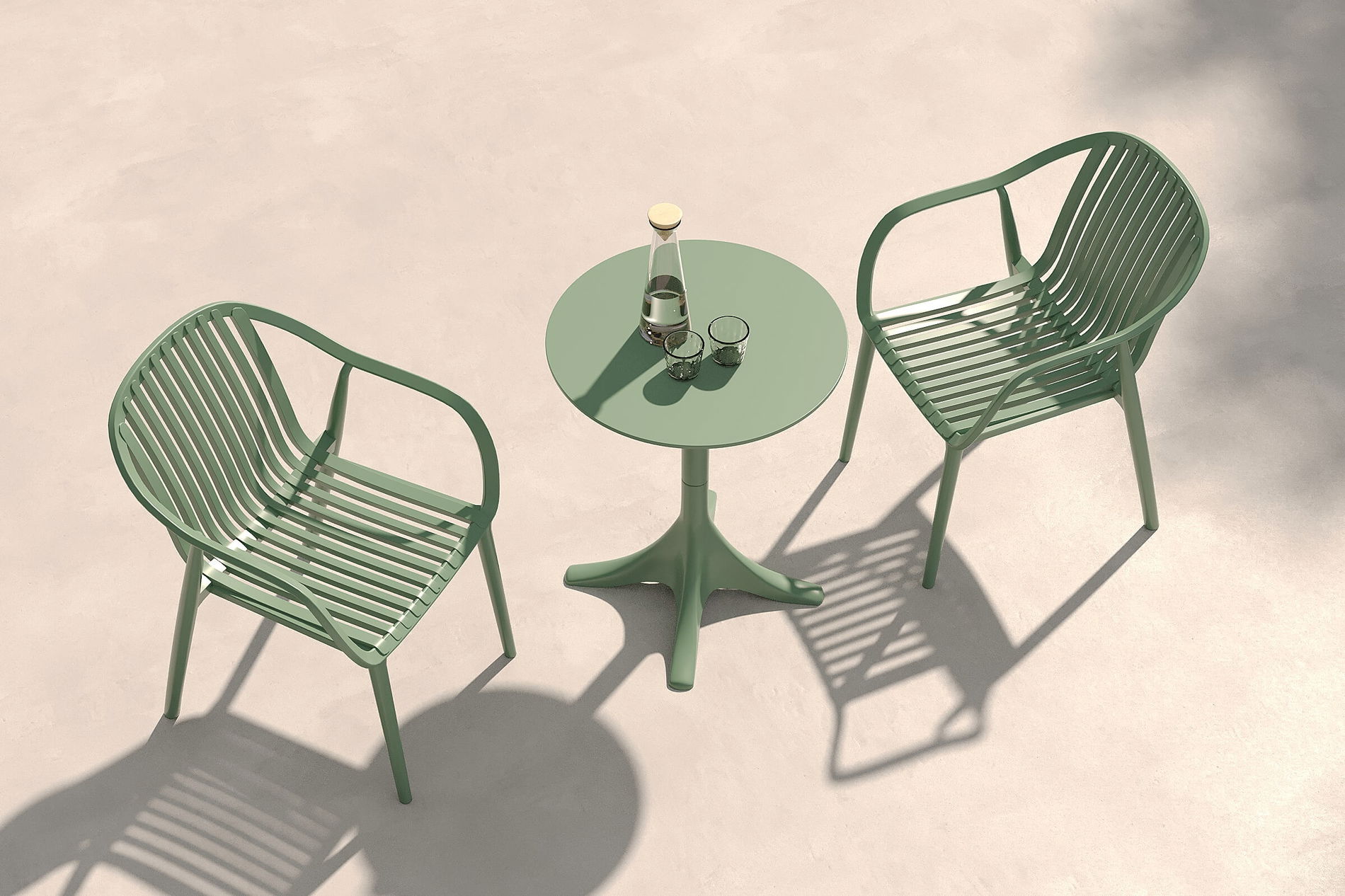 VILLANA Pico Curve Set da balcone, verde pesto, plastica, tavolo ø70 cm e 2 poltrone impilabili 56 x 59 x 83 cm, resistente ai raggi UV e alle intemperie