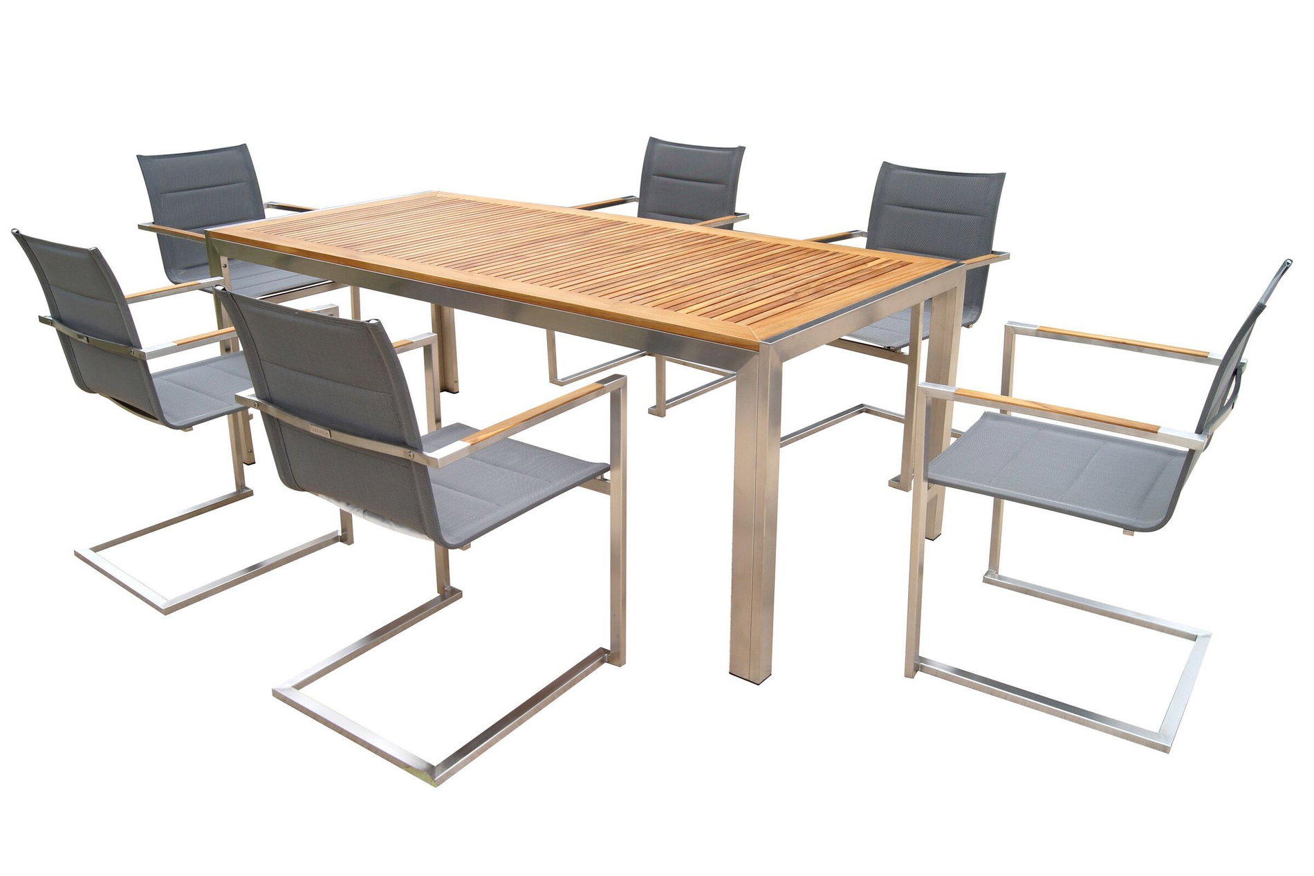 OUTFLEXX Gruppo Tavolo da Pranzo da Giardino, argento, Acciaio Inox/Teak, Tavolo da Pranzo 200 x 90 cm, 6 Sedie Impilabili Imbottite 14203__1