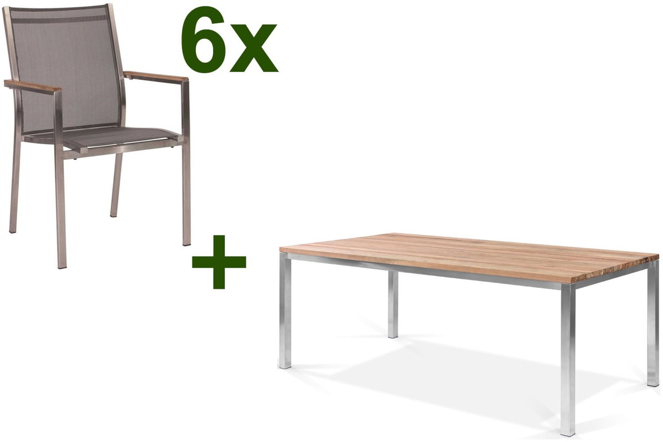 STERN Cardiff Set da pranzo da giardino, argento/grigio argento, Acciaio inox/Teak, tavolo 200 x 100 cm, 6 Poltrone impilabili 19774__1