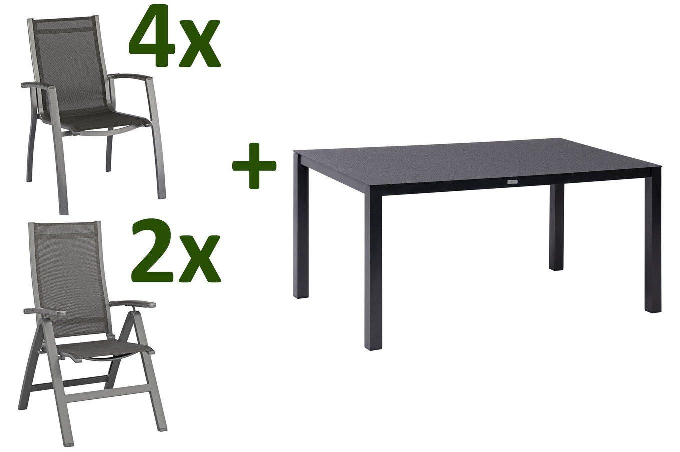 KETTLER Altura Set da pranzo da giardino, antracite, Alu/Spraystone/Textil, 160 x 95 cm, 4 poltrone impilabili, 2 sedie pieghevoli 28342__1