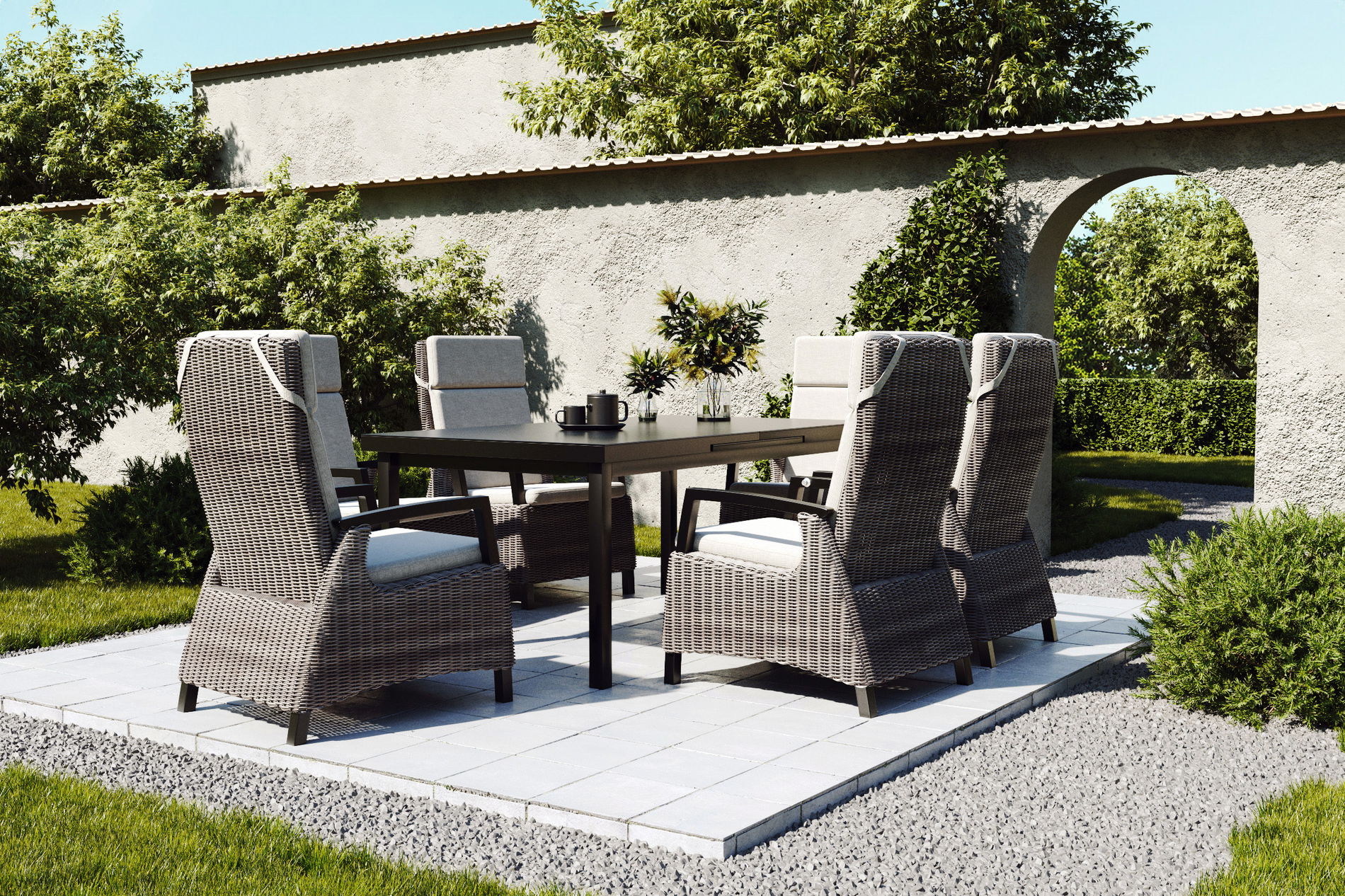 OUTFLEXX Premium Set da pranzo da giardino con 6 poltrone, antracite/grigio, Alu/Polyrattan, facile da pulire, resistente alle intemperie, tavolo allungabile