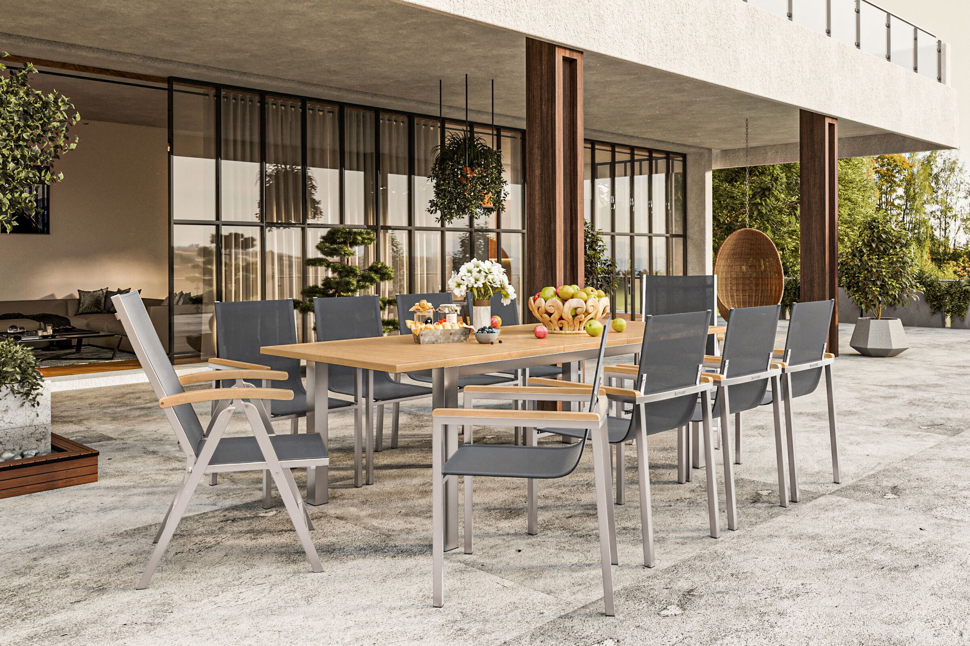OUTFLEXX Gruppo tavolo da pranzo da giardino, nero, 200/300 x 100 cm, acciaio inox/teak, tavolo allungabile, 8 sedie impilabili, 2 sedie pieghevoli, prodotto certificato FSC®