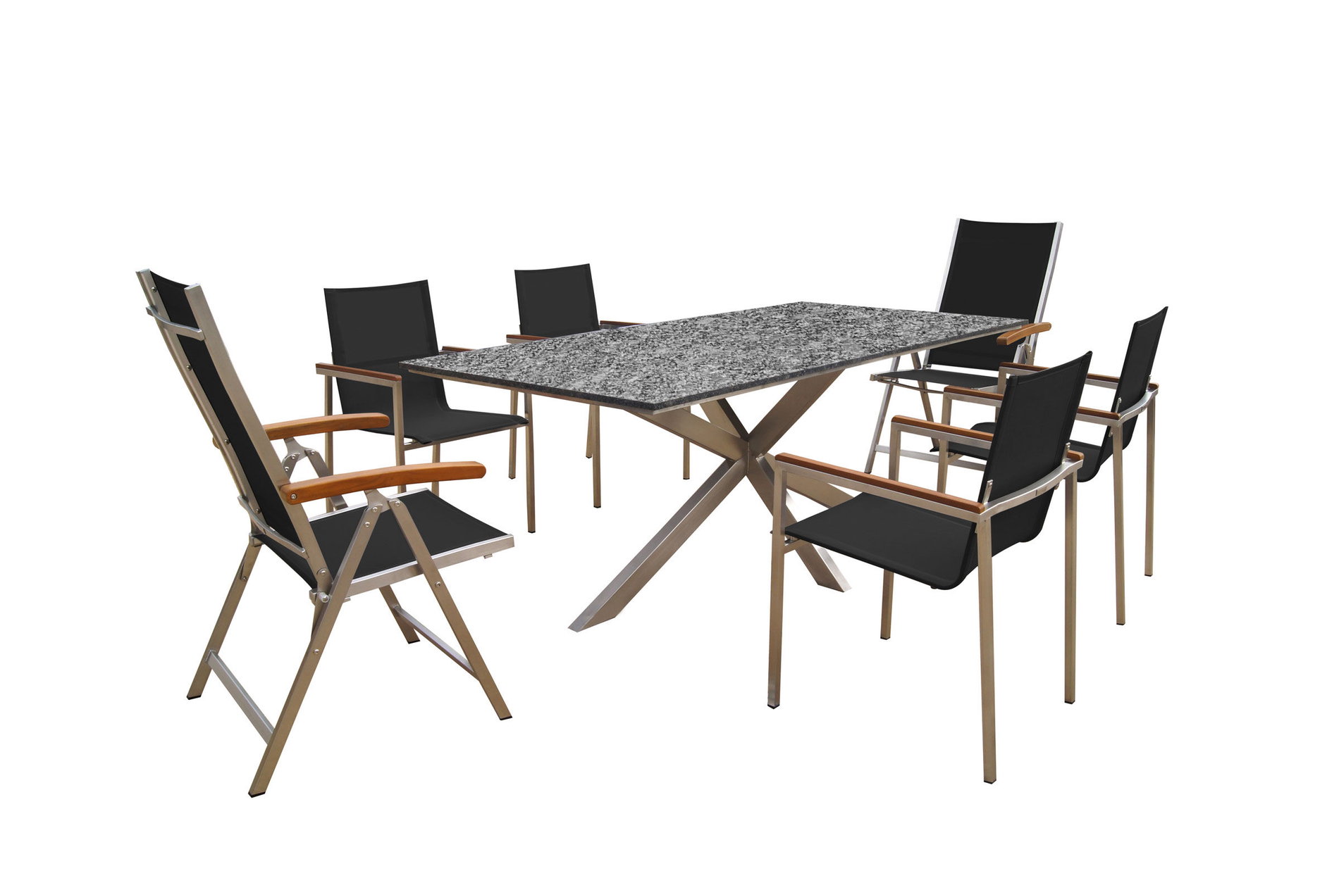 OUTFLEXX Garten-Essgruppe, silber/schwarz, Edelstahl/Granit/Textil, 200x100 cm, 4 Gartensessel, 2 Klappstühle, Armlehnen aus Teak