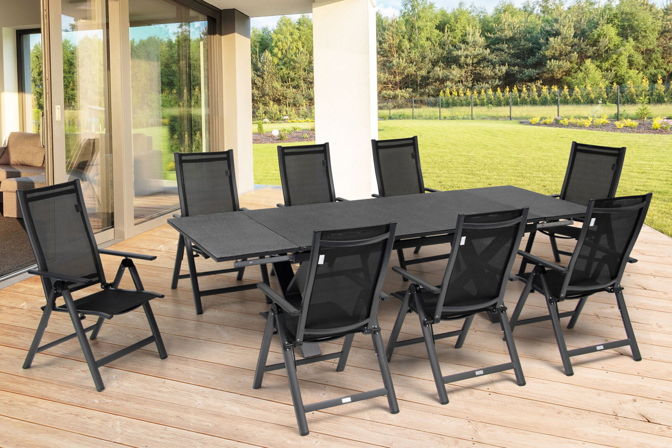 OUTFLEXX Set da pranzo da giardino, OUTFLEXX® antracite opaco, Alu / Spraystone / Textilene, tavolo 180/280x100cm, 8 sedie pieghevoli 22134__1