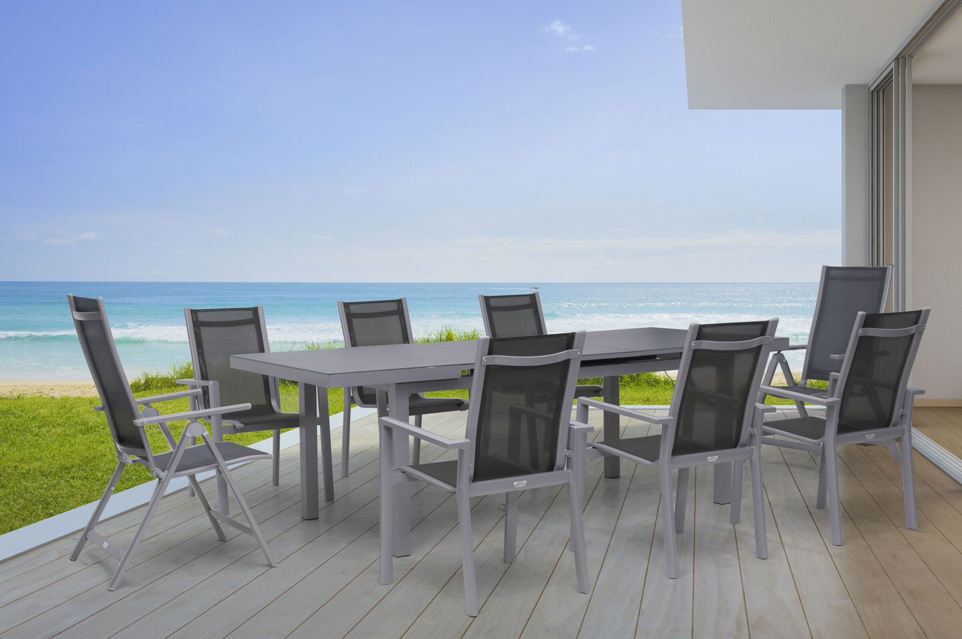 Gruppo tavolo da pranzo Premium OUTFLEXX, argento/grigio, alluminio/textilene, tavolo allungabile 180/240 x 100 cm, 6 poltrone impilabili, 2 sedie pieghevoli 21436__1