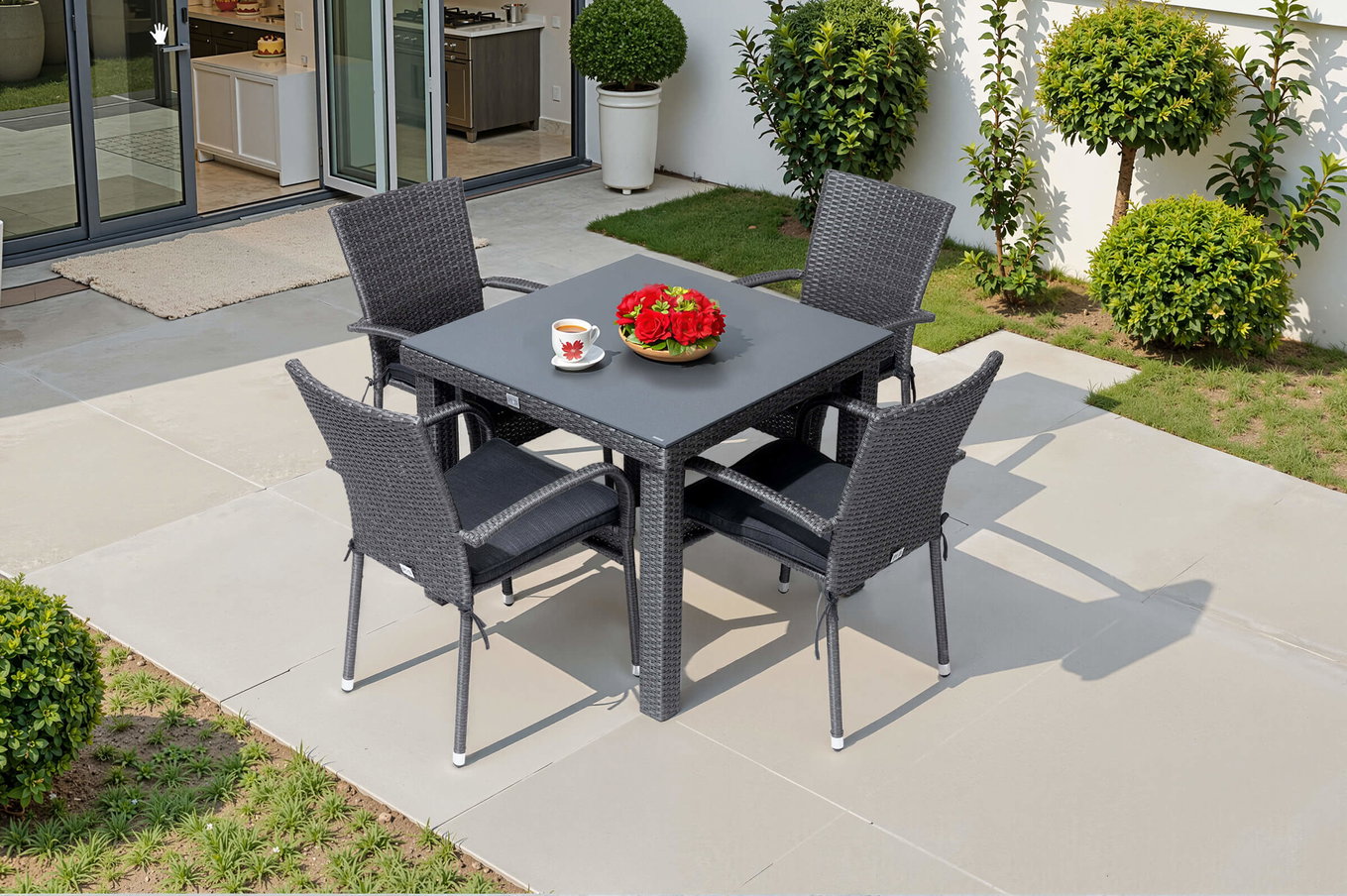 Ploß Rocking Gruppo da pranzo da giardino, grigio/marrone screziato, polyrattan, tavolo 90 x 90 cm, 4 sedie impilabili, piano in vetro effetto pietra 21075__1