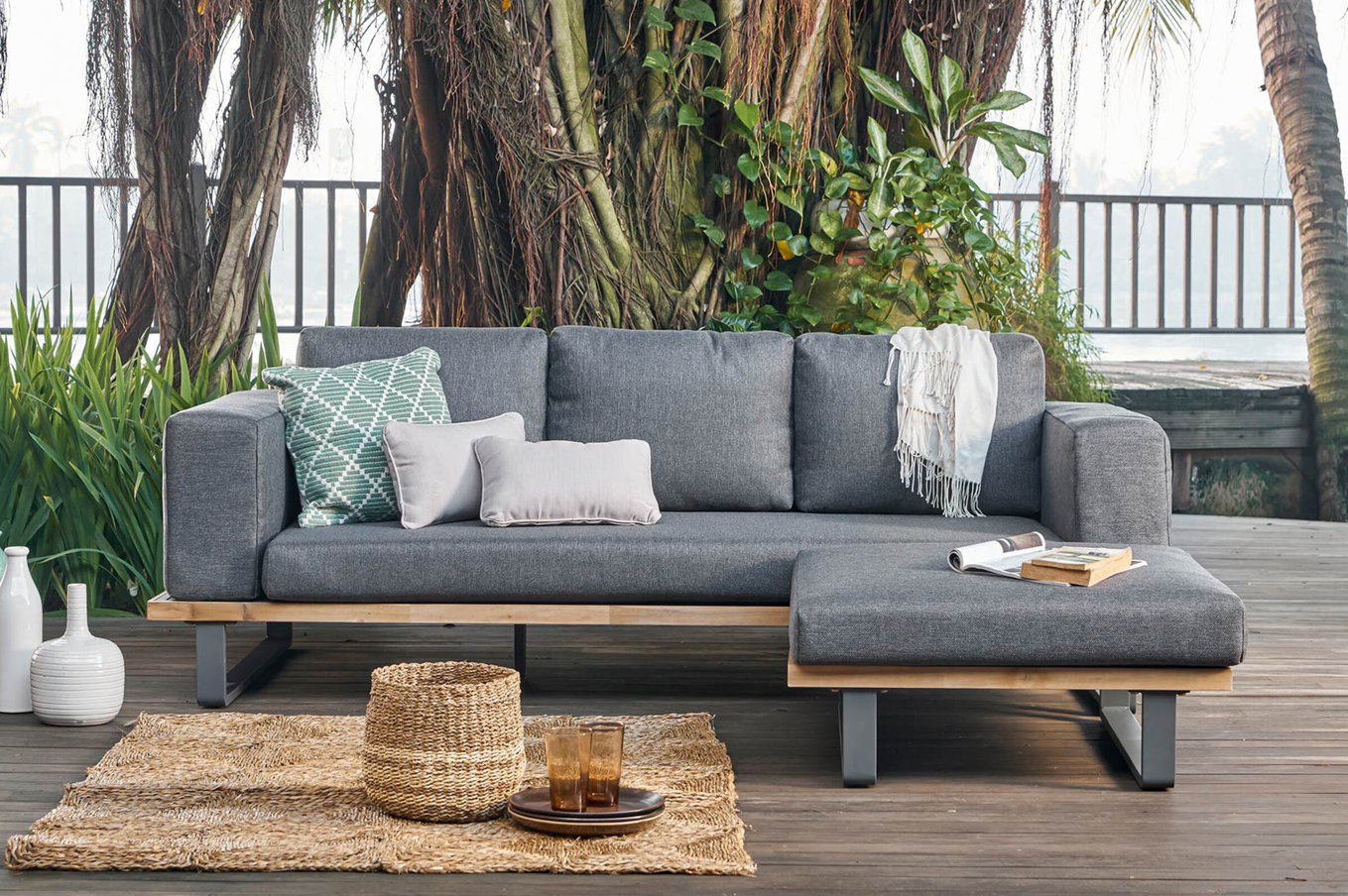 OUTFLEXX Lounge da giardino, alluminio con Sunproof Olefin, acacia FSC, imbottito in grigio, per 4 persone, prodotto certificato FSC® 22368__1
