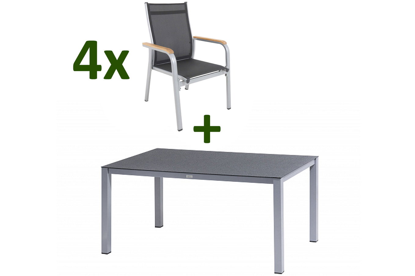 KETTLER Granada Set da pranzo da giardino, argento/antracite, Alu/Spraystone/Textil, 160x95 cm, 4 Poltrone impilabili 28328__1