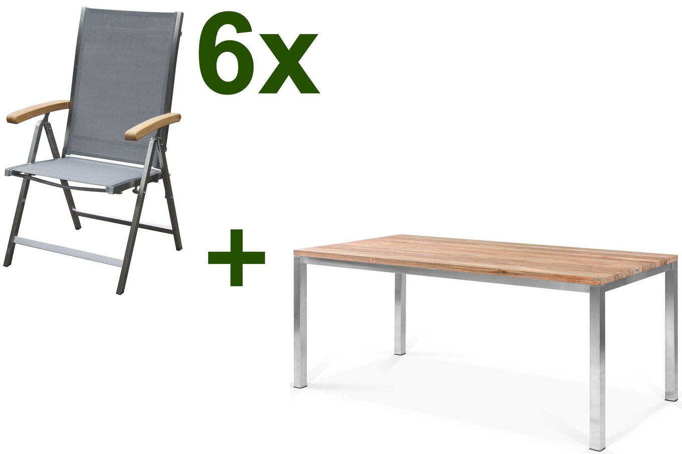 OUTFLEXX Gruppo da pranzo da giardino, acciaio inossidabile/teak riciclato, tavolo 180 x 90 cm, 6 sedie pieghevoli, argento, prodotto certificato FSC® 17290__1
