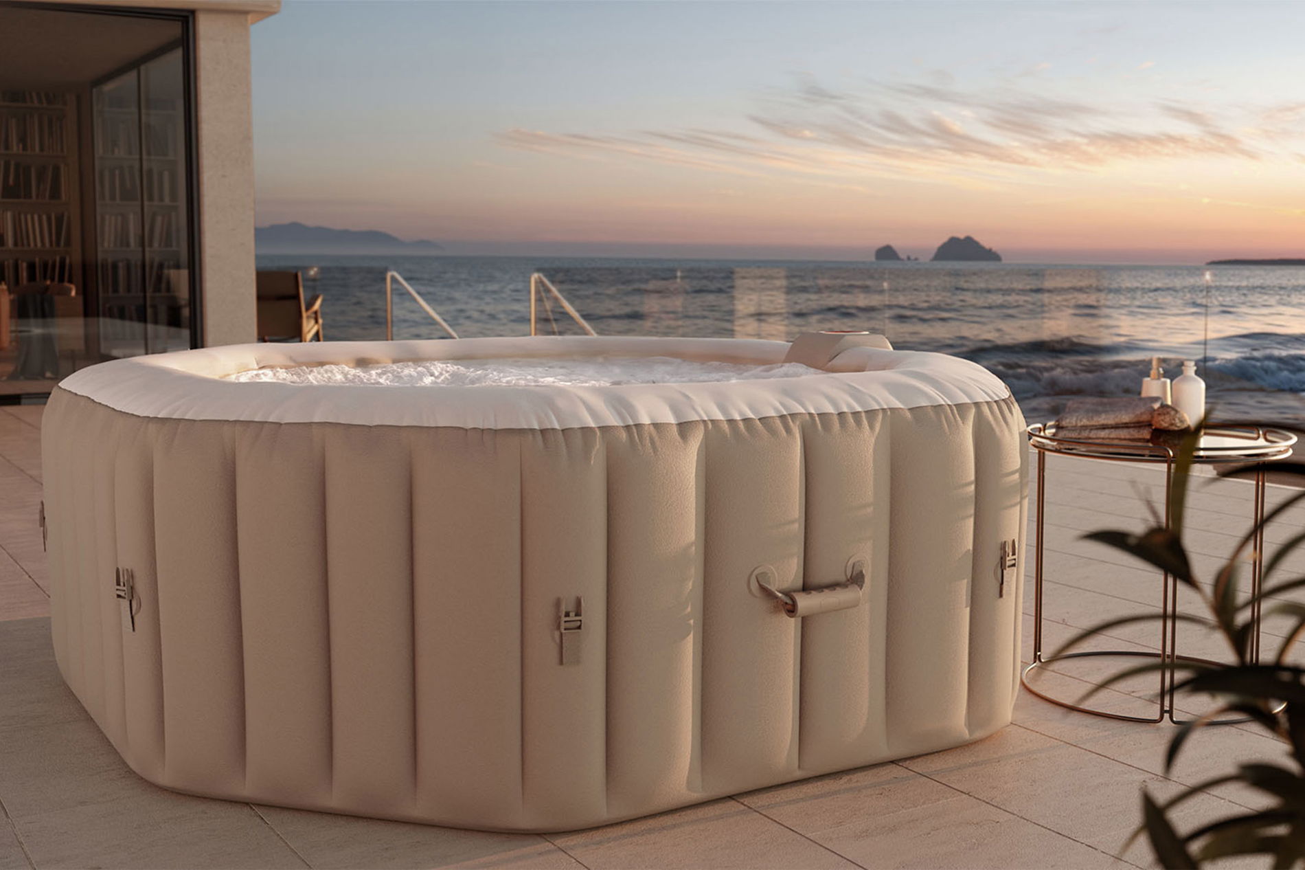 OUTFLEXX Tulum Whirlpool, beige/bianco, PVC laminato, ⌀ 195 x 65 cm, gonfiabile, con ugelli per massaggio, valvola di scarico integrata, resistente ai raggi UV