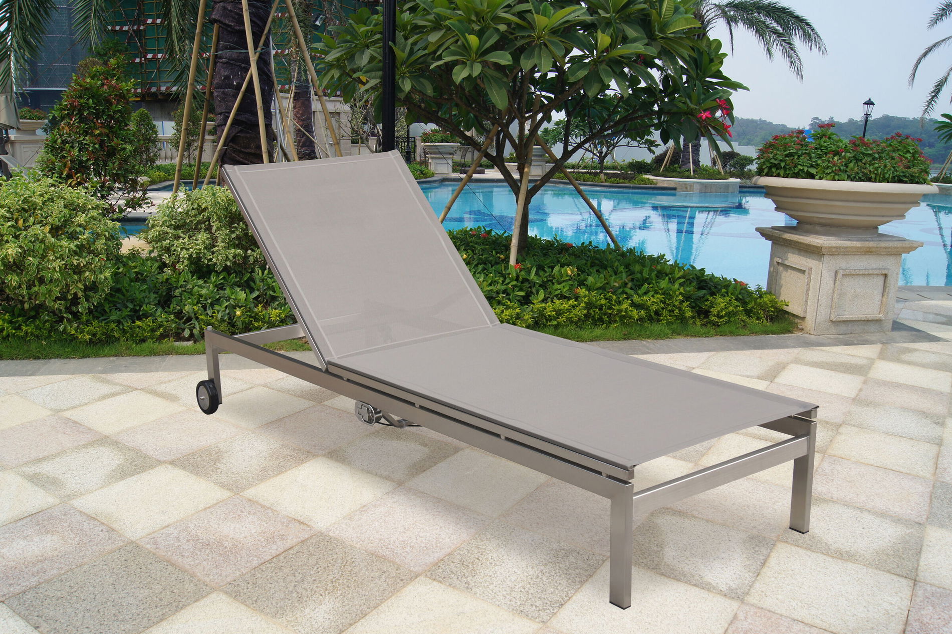 OUTFLEXX Lettino con ruote, tortora, acciaio inox/textilene, angolazioni regolabile, 212x71x36cm