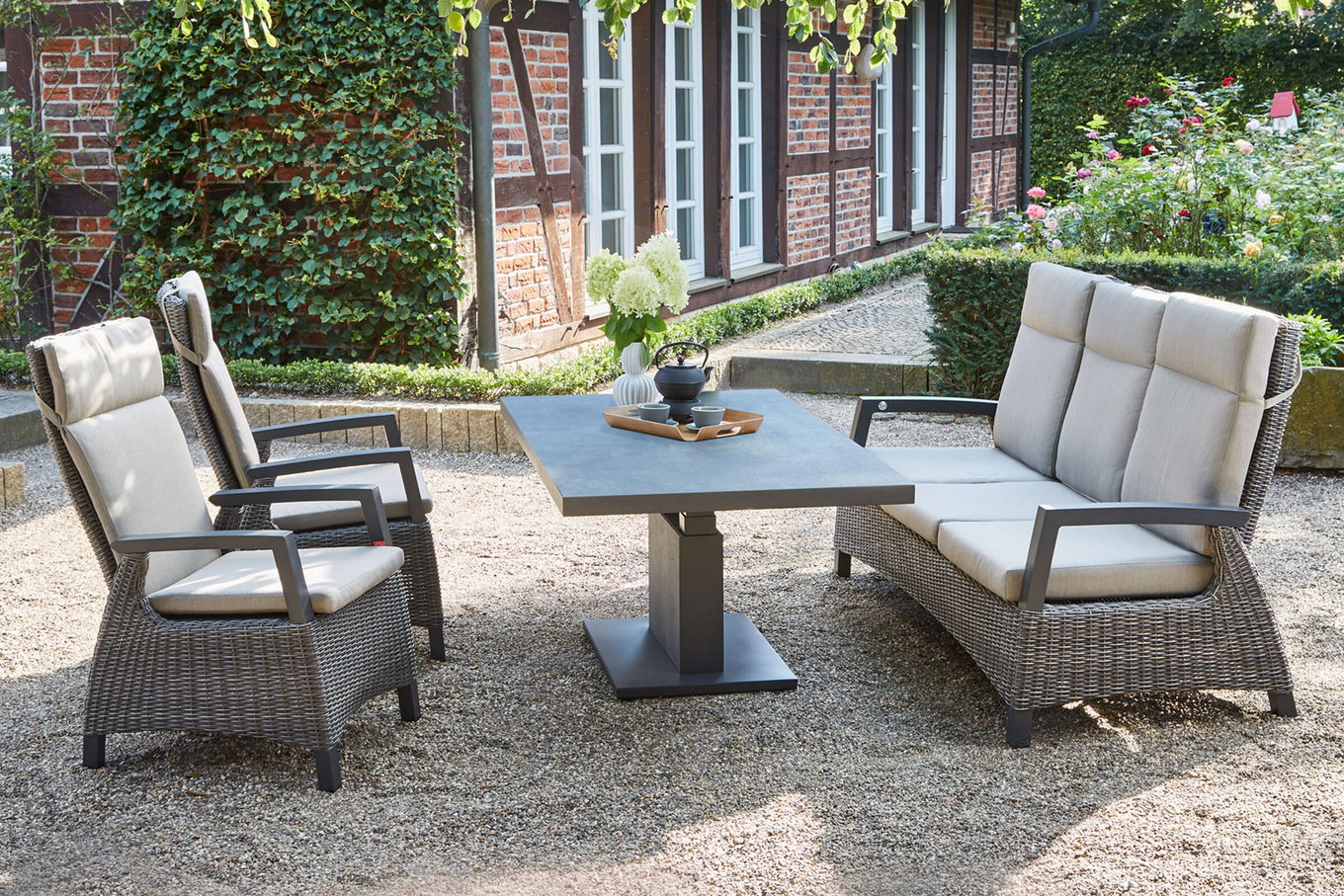SIENA GARDEN Corido/Bellani Grau salotto da giardino, charcoal/antracite/grigio, Alu/intreccio Gardino®, tavolo lift 160x90 cm, 1x divano a 3 posti, 2 poltrone 22119__1