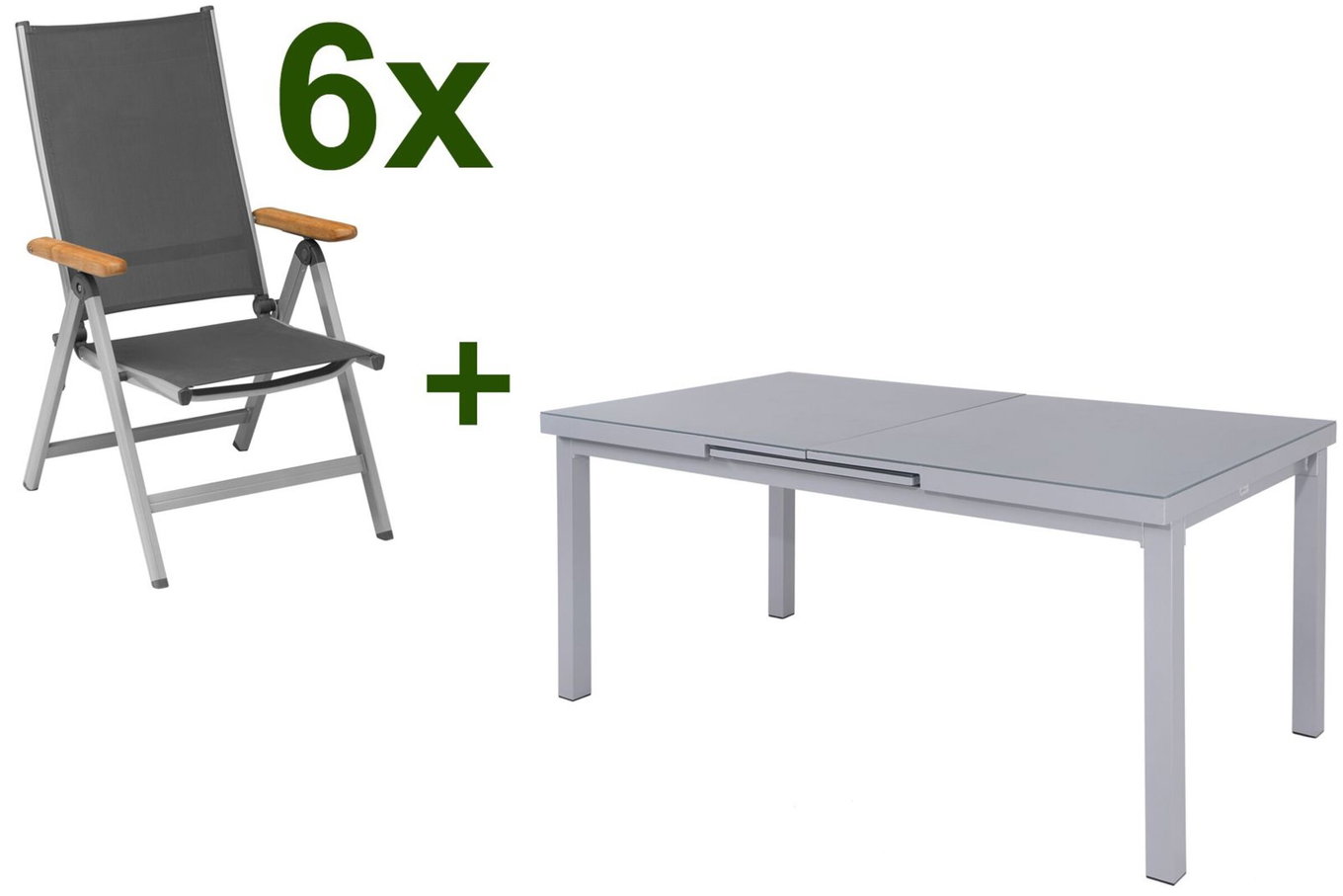 KETTLER Granada Set da pranzo da giardino, argento, Alu/Textilene, tavolo 180/240x100cm, 6 sedie pieghevoli 19319__1