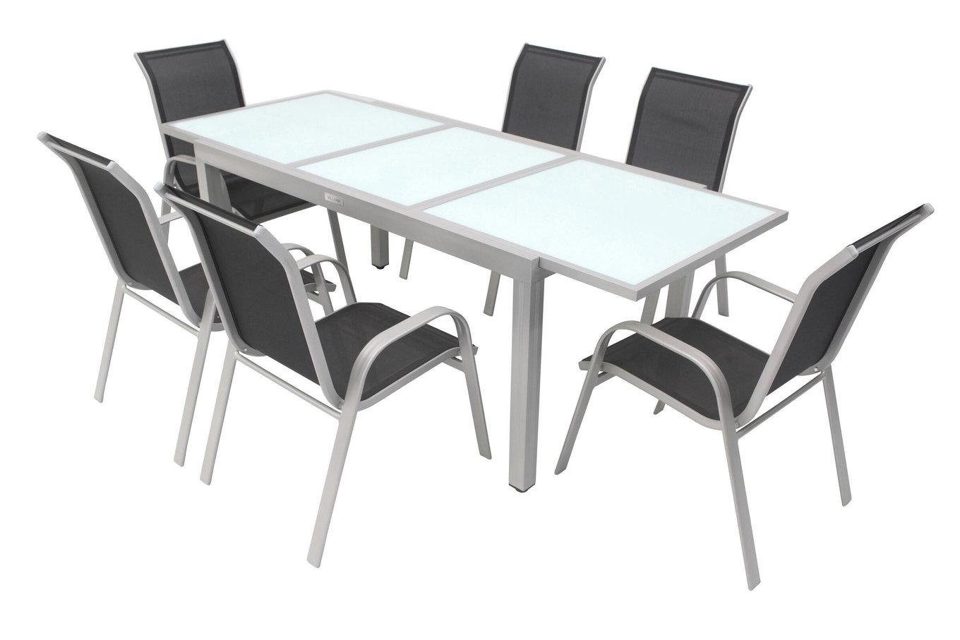 VILLANA Set da pranzo da giardino, argento/nero, Alluminio/Tessuto, Tavolo allungabile 160/220 cm, 6 sedie impilabili 13870__1