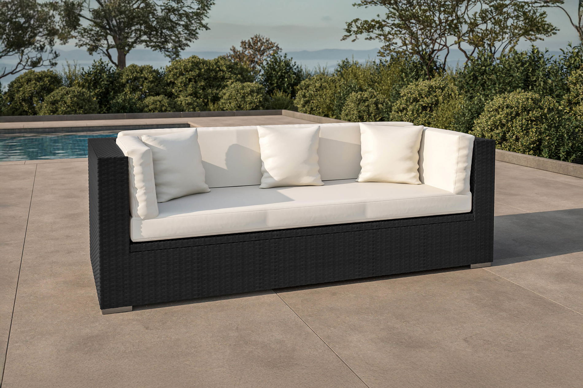 OUTFLEXX Divano tre posti, crema/bianco, nero, polyrattan, 210x85x70cm, incl. cuscini + box portacuscini impermeabile