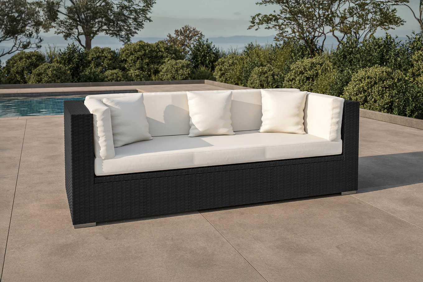 OUTFLEXX Divano tre posti, crema/bianco, nero, polyrattan, 210x85x70cm, incl. cuscini + box portacuscini impermeabile 2392_1_BOX__1