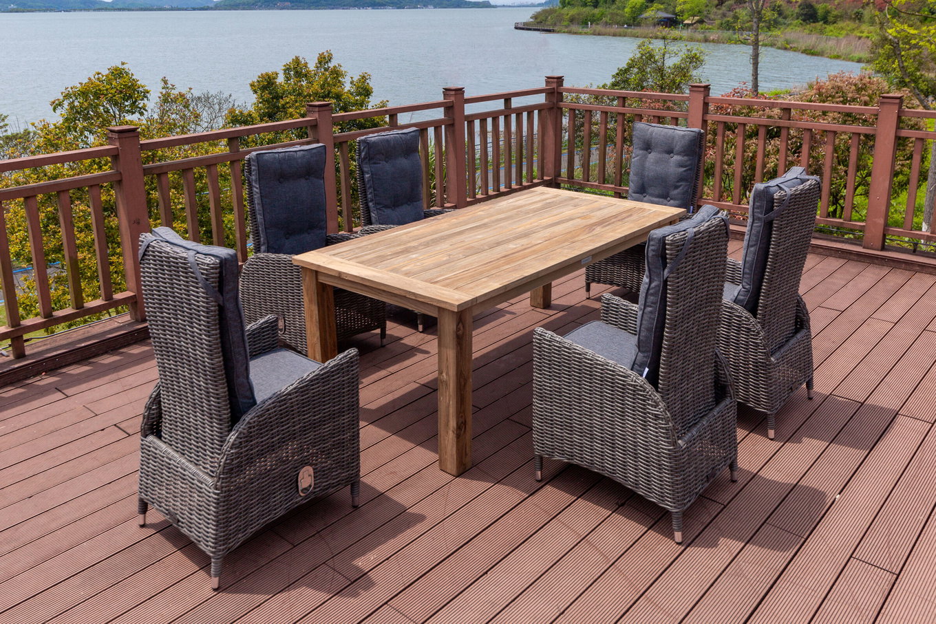OUTFLEXX Gruppo Pranzo da Giardino, Polyrattan/Legno di Teak, tavolo 200 x 100 cm, 6 Poltrone da Pranzo con Schienale Alto, incl. Cuscini 19371__1