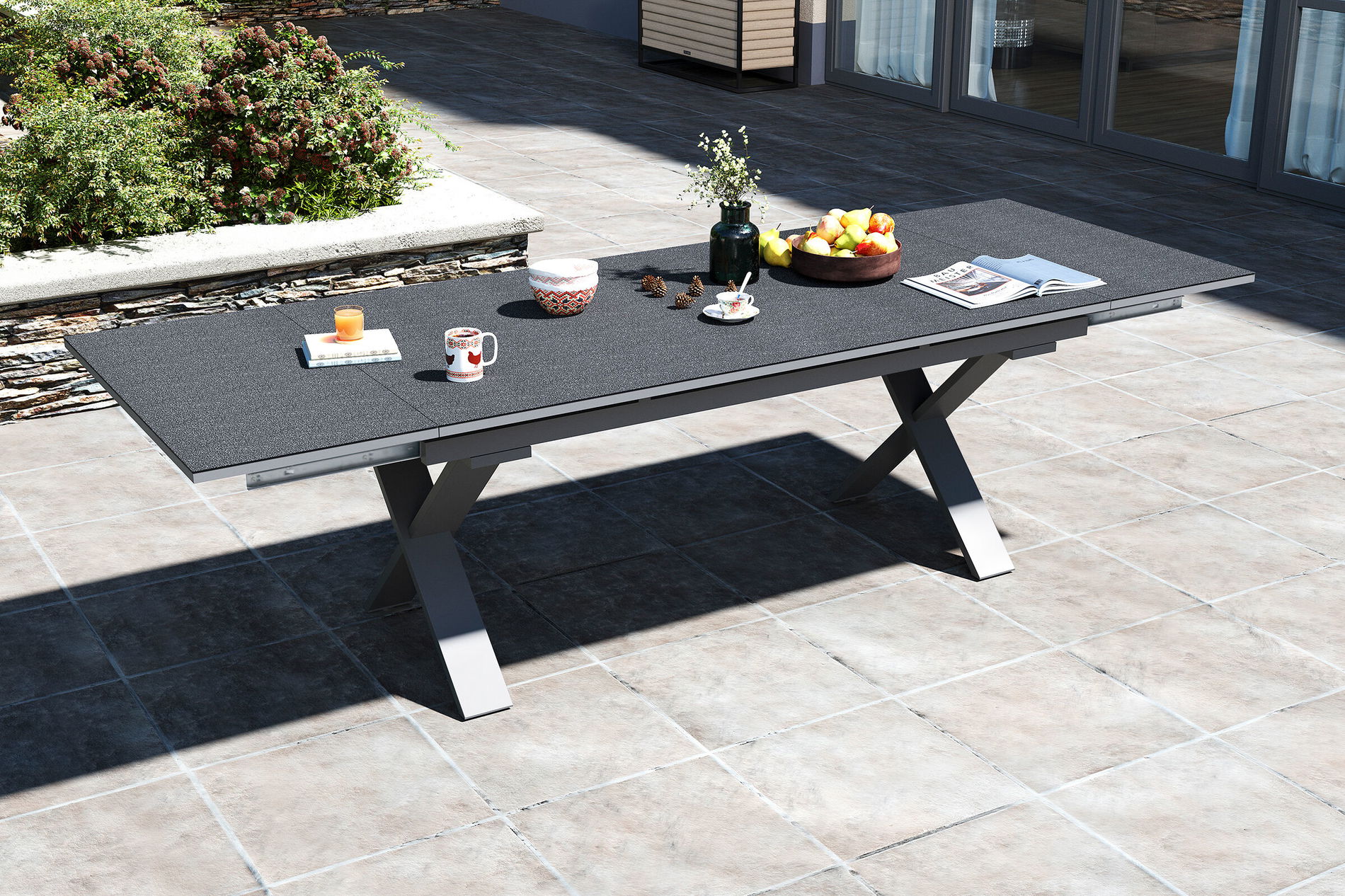 OUTFLEXX Toronto Tavolo allungabile, argento, alluminio/Spraystone, 180/280x100cm, estensione a cassetto