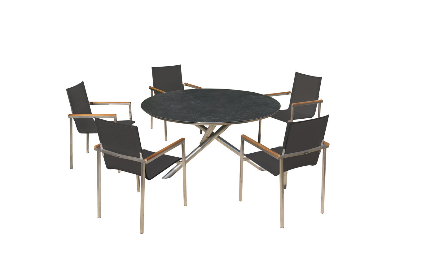 OUTFLEXX Set da pranzo da giardino, argento/nero, acciaio inossidabile/vetroceramica/Textilene/Teak, tavolo Ø150cm, 5 poltrone 24041__1