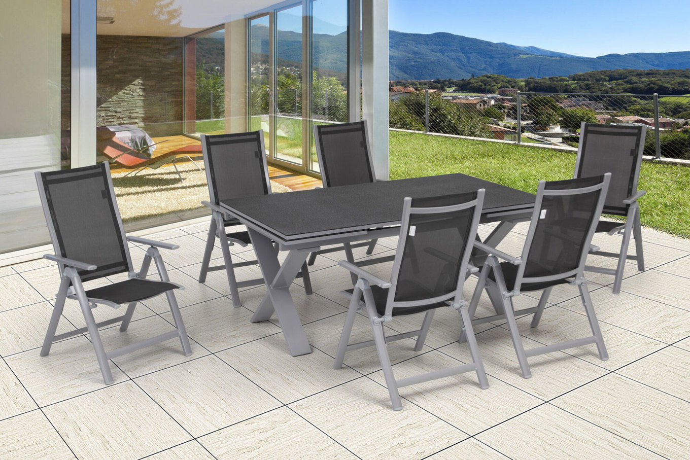 OUTFLEXX Set da pranzo da giardino, argento, Alluminio / Spraystone / Textilene, tavolo 180/280x100cm, 6 sedie pieghevoli 22211__1