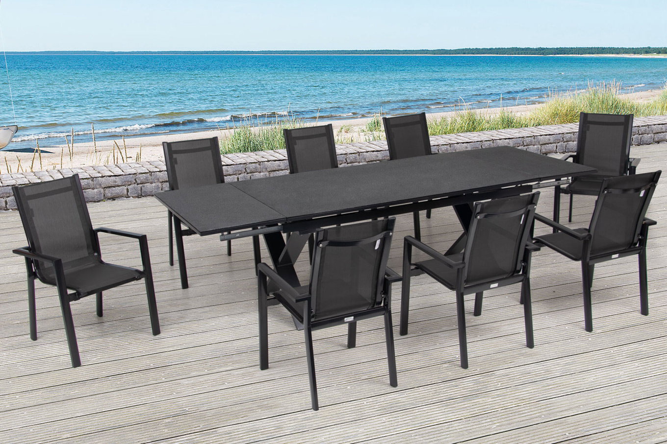 OUTFLEXX Gruppo pranzo da giardino, antracite, Alu / Ceramica / Textilene, 180/280x100cm, 8 poltrone impilabili 22233__1