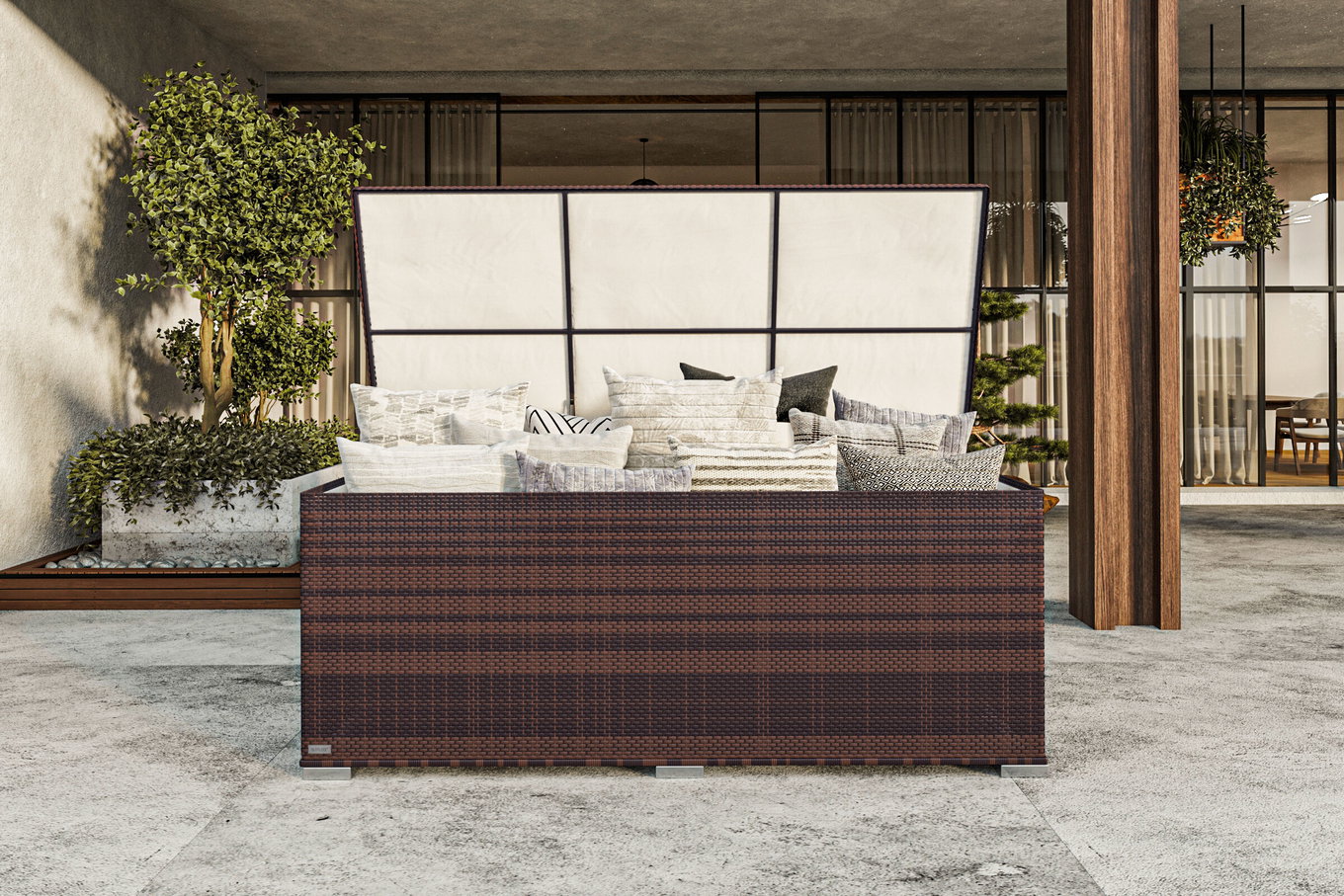 OUTFLEXX Baule portacuscini, marrone marmorizzato, polyrattan, 204x94x75cm 3342__1