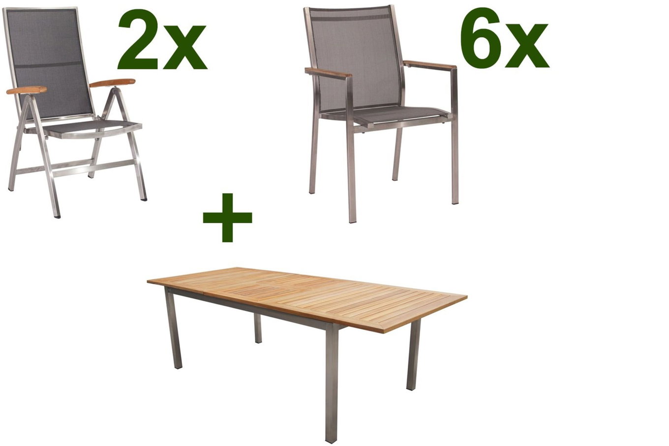 STERN Cardiff Set da pranzo da giardino, argento/grigio argento, acciaio inox/teak, tavolo 200/300 x 100 cm, 6 poltroncine impilabili, 2 sedie pieghevoli, prodotto certificato FSC® 19743__1