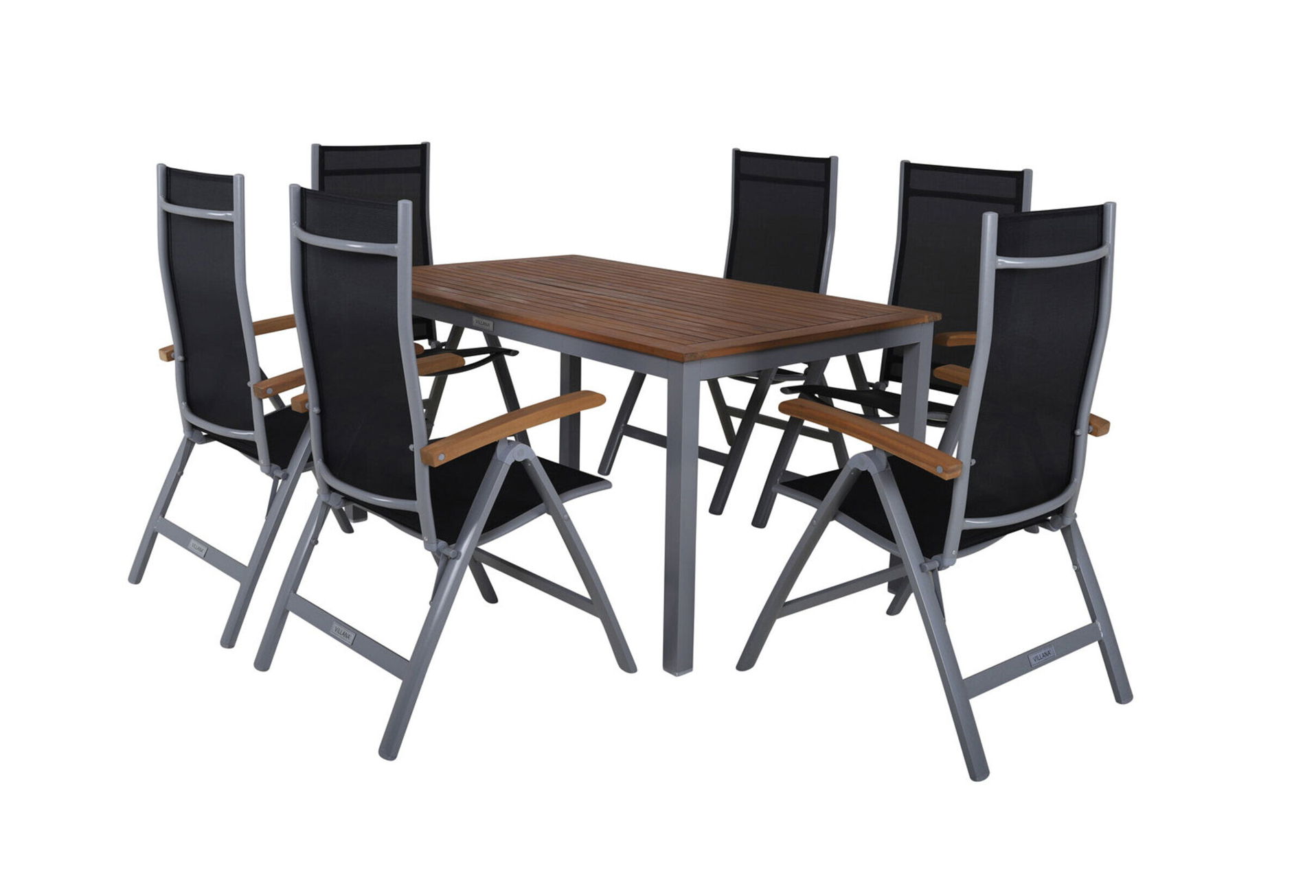 VILLANA Gruppo da pranzo da giardino, argento/nero, Alluminio / Acacia, Tavolo da giardino 150 x 90 cm, 6 Sedie pieghevoli, Prodotto certificato FSC®