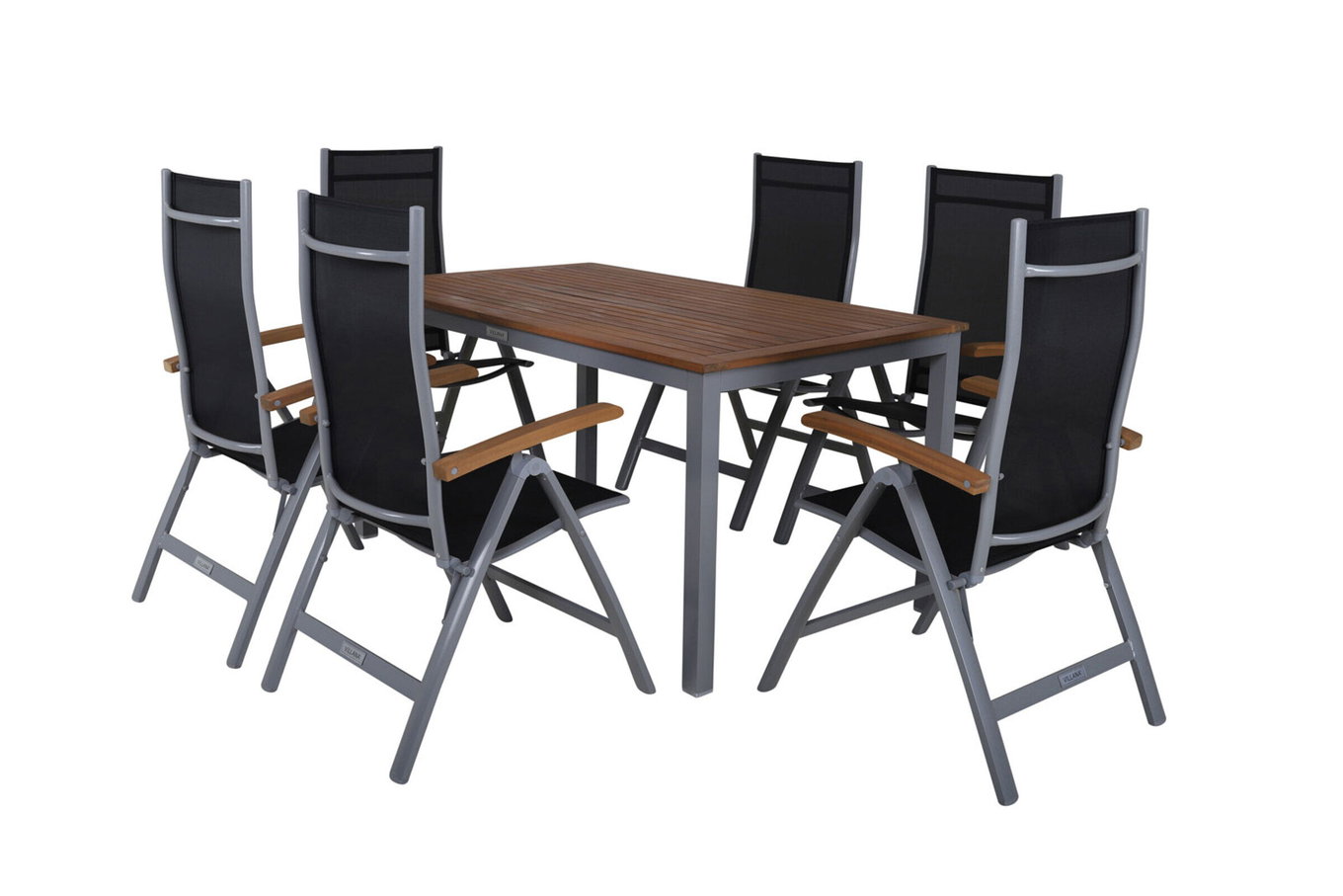 VILLANA Gruppo da pranzo da giardino, argento/nero, Alluminio / Acacia, Tavolo da giardino 150 x 90 cm, 6 Sedie pieghevoli, Prodotto certificato FSC® 16467__1