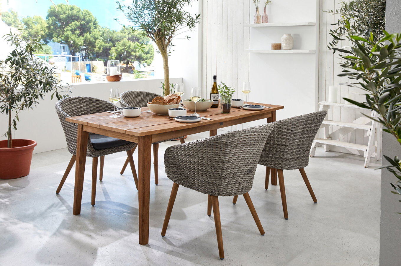 Ploß Borneo/Kota Set da pranzo da giardino, naturale/grigio melange, acacia/alluminio/polyrattan, 180x90cm, 4 poltrone cocktail, prodotto certificato FSC® 28600__1