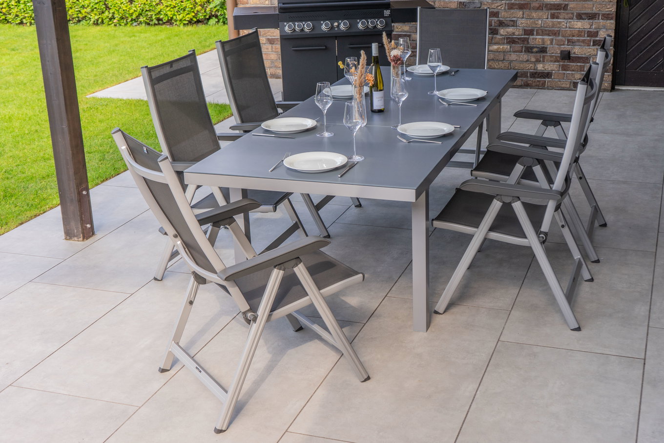 KETTLER BasicPlus Set da Pranzo da Giardino, argento, Alluminio/Textilene, tavolo 180/240x100cm, 6 Sedie Pieghevoli 19307__1