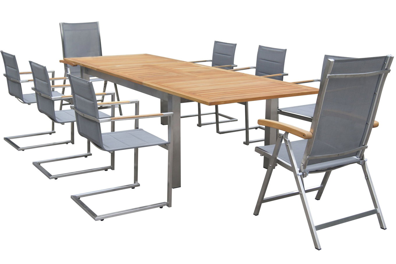 OUTFLEXX Set Pranzo da Giardino, argento, 200/300 x 100 cm, Acciaio Inox/Teak, Tavolo Allungabile, 6 Sedie padded, 2 Sedie Pieghevoli, Prodotto Certificato FSC® 14158__1