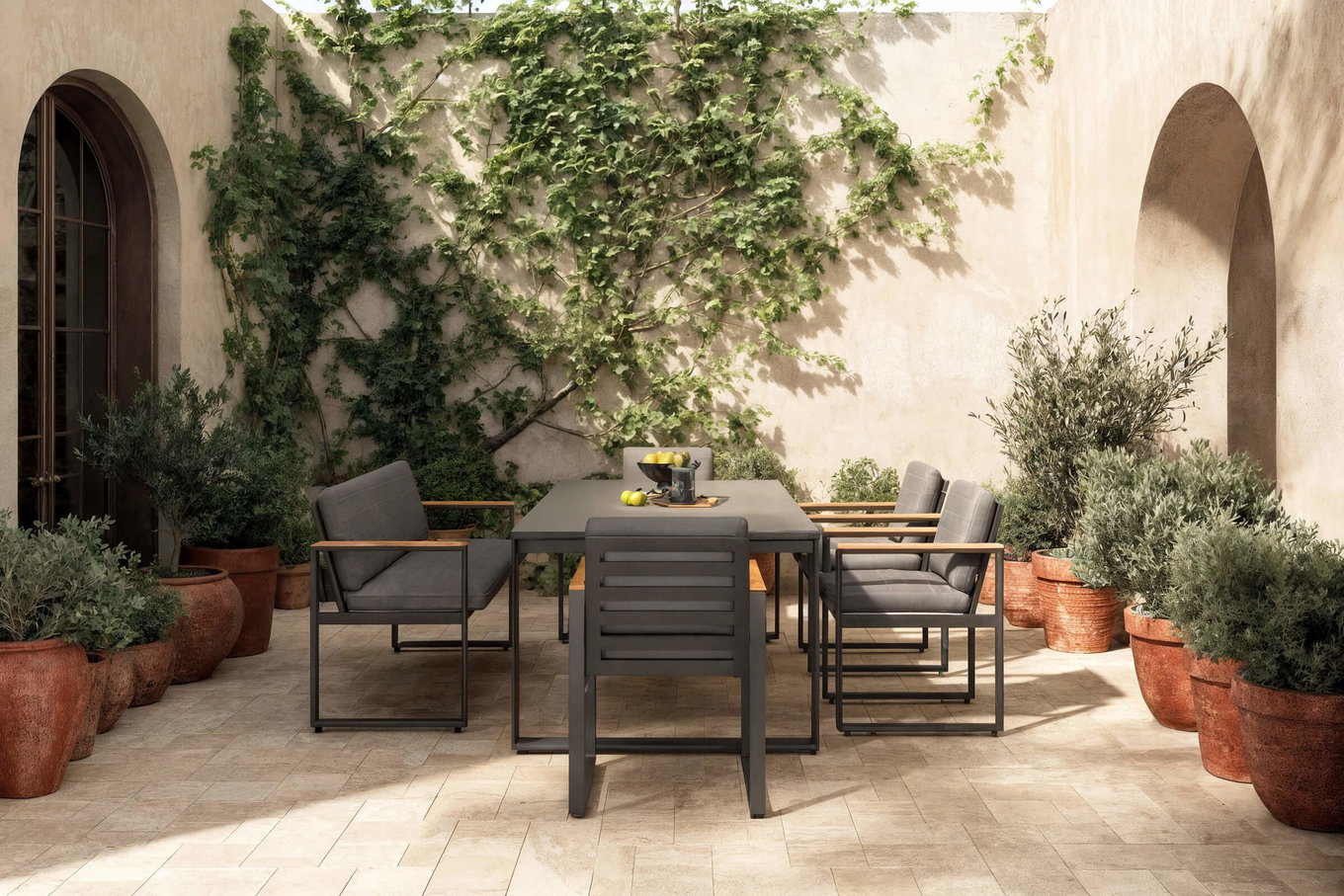 OUTFLEXX Alexander Set da pranzo da giardino, grigio opaco, alluminio/teak, tavolo allungabile 206/266x100cm, 4 sedie, panca 3 posti, incl. cuscini 20122__1