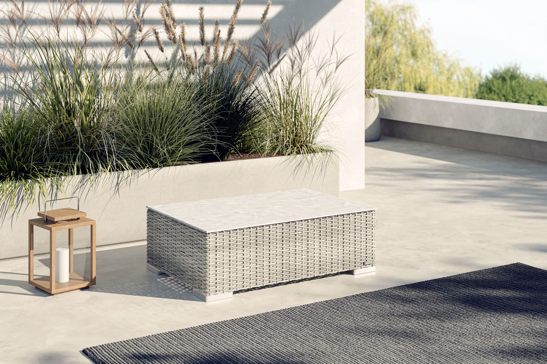 OUTFLEXX Tavolino, beige deserto, Polyrattan/Vetro, 94 x 65 x 31 cm, rivestito, resistente alle intemperie, alta capacità di carico