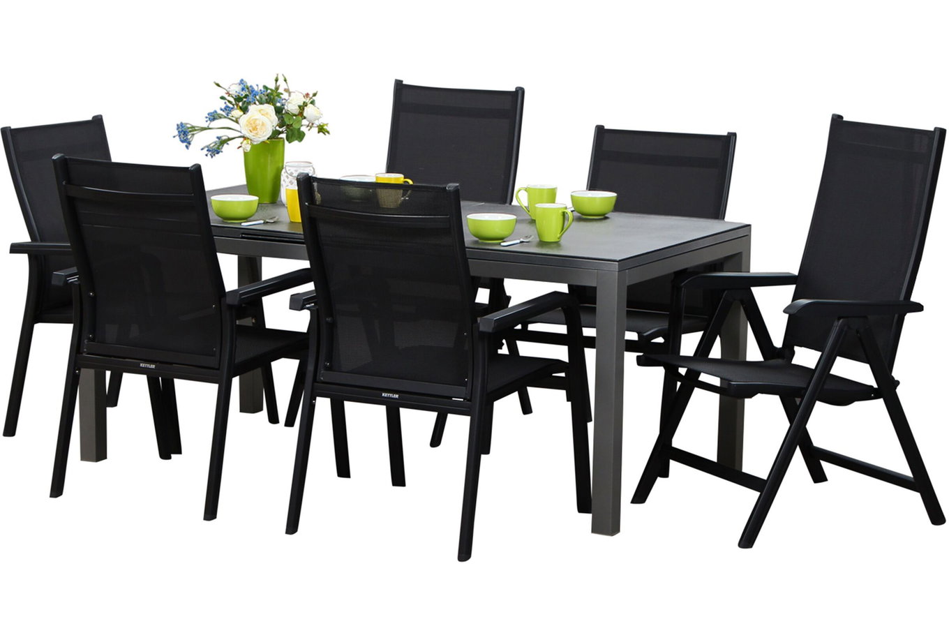 KETTLER Basic Plus Gruppo pranzo da giardino, antracite/antracite, Alu/Textilene, 180/240x90cm, 4 impilabili, 2 sedie pieghevoli 17231__1