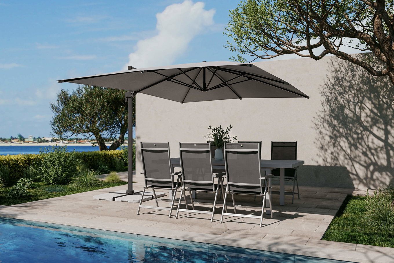 OUTFLEXX Almeria Set di mobili da giardino Set da pranzo incl. ombrellone a braccio, antracite/argento, alluminio/textilene/textilene, 180/240 x 100 cm, allungabile, pieghevole, resistente ai raggi UV 80569__1