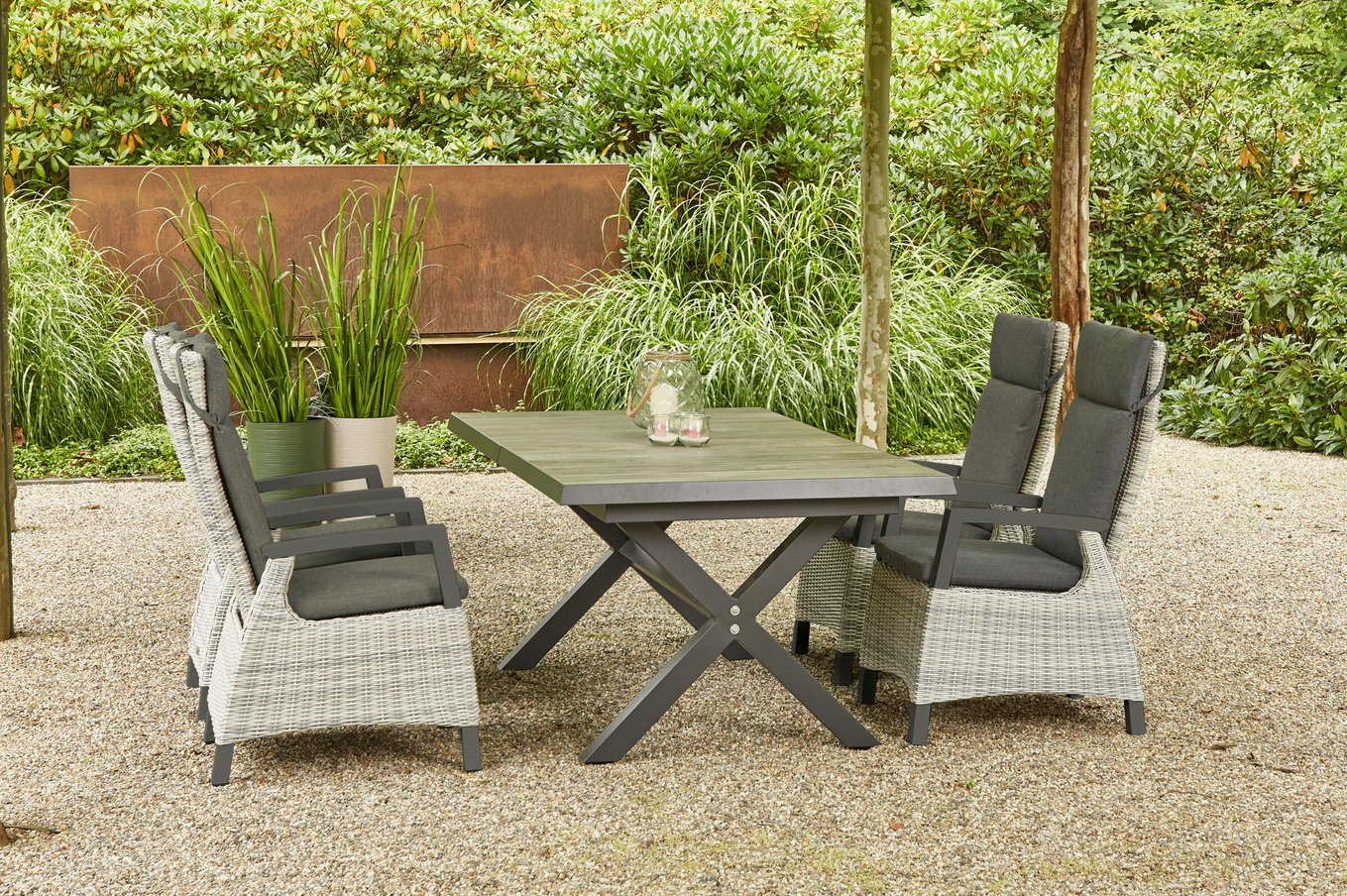 SIENA GARDEN Sincro/Corido Set da Pranzo da Giardino, antracite/grigio, Alu/Intreccio/Ceramica, 200/260 x 100 cm, incluse 4 poltrone dining 23849__1