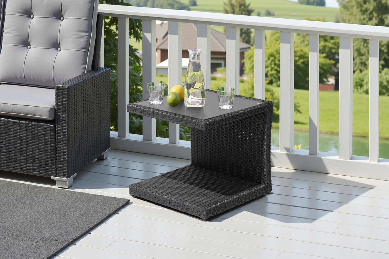 OUTFLEXX Rocking Tavolino, grigio/marrone-melange, polyrattan, 50x45x50 cm, piano in vetro effetto pietra 18217__1