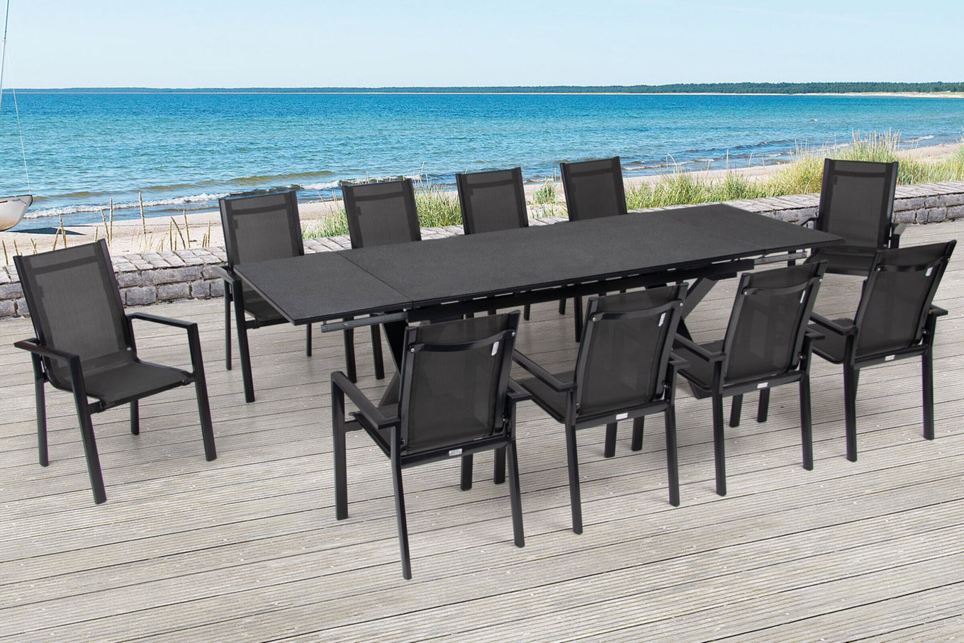 OUTFLEXX Gruppo da pranzo da giardino, antracite, alluminio / ceramica / textilene, 180/280x100cm, 10 sedie impilabili 22234__1