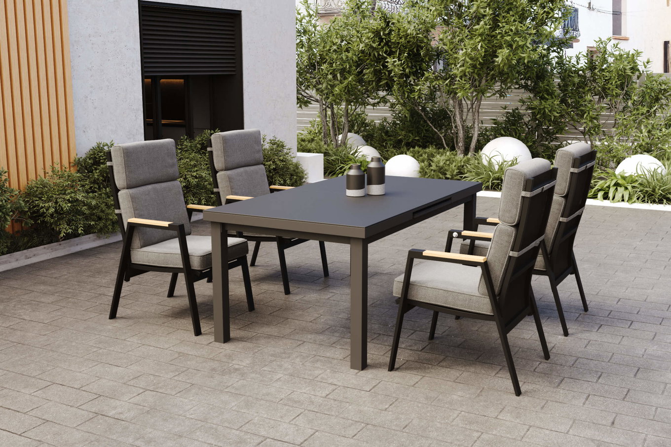 OUTFLEXX Korba Set da pranzo da giardino con 4 poltroncine, antracite opaco, Alluminio/Teak, tavolo allungabile 180/240 x 100 cm, inclusi cuscini 80589__1