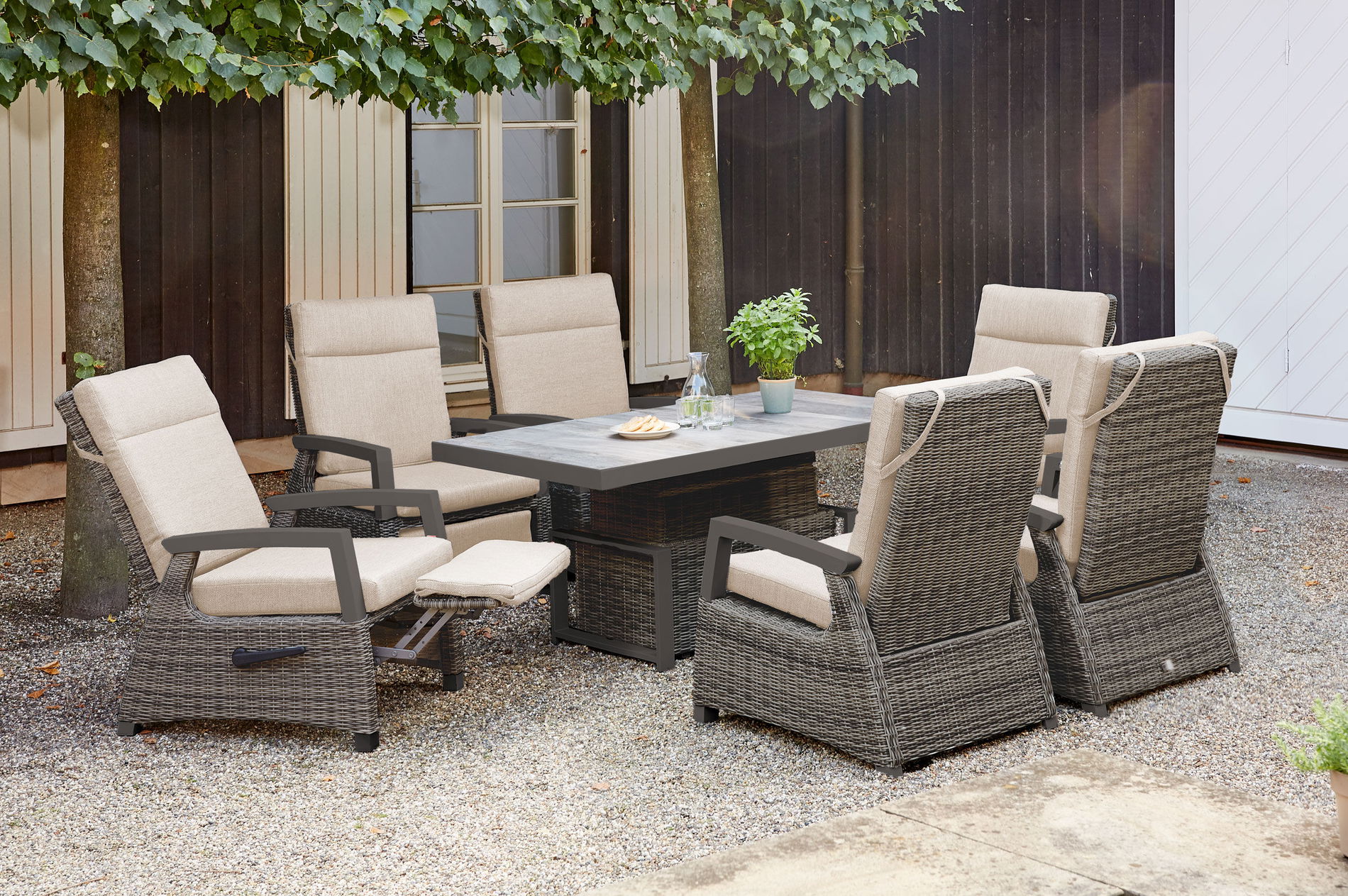 SIENA GARDEN Corido Set da Pranzo da Giardino, charcoal, Alluminio / Intreccio Gardino®, 6 Poltrone Relax, Tavolo Lift Regolabile 160x90x47-71cm