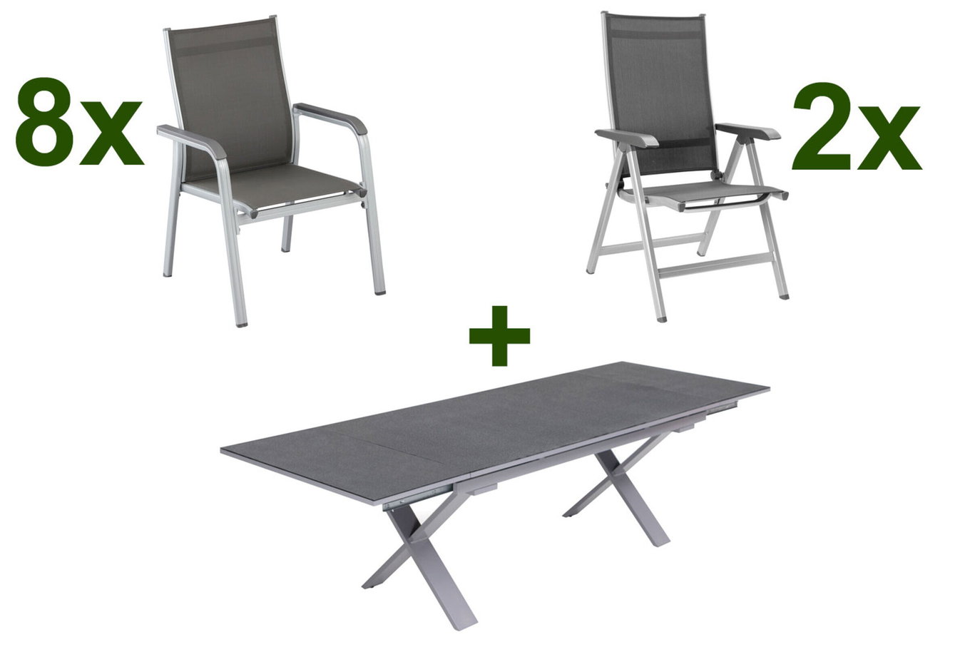 Set da pranzo da giardino KETTLER BasicPlus, argento / antracite, alluminio / Spraystone / textilene, tavolo 180/280 x 100 cm, 8 poltrone impilabili, 2 sedie pieghevoli 23015__1